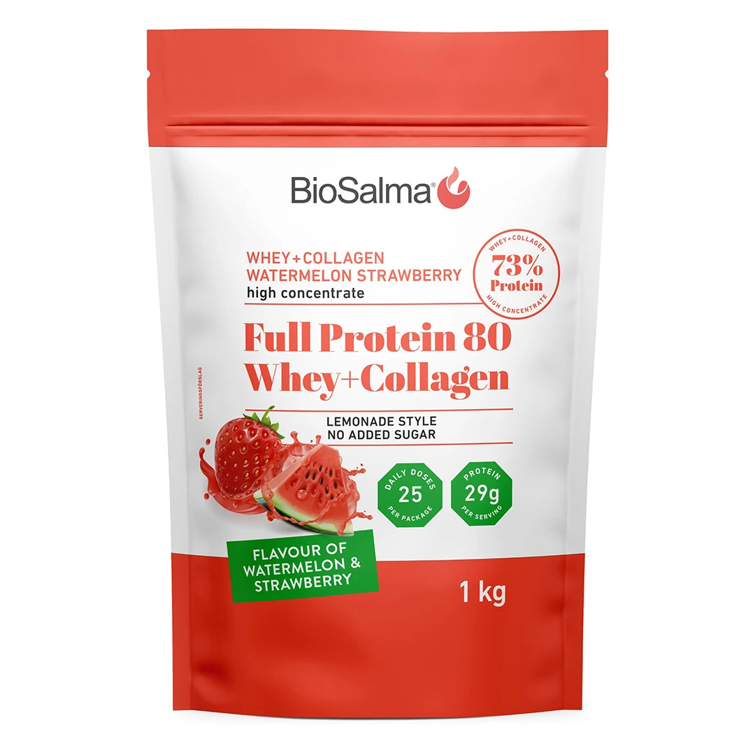 BioSalma Full Protein 80 Whey+Collagen Watermelon Strawberry 1 kg proteinpulver i en vit och röd påse.