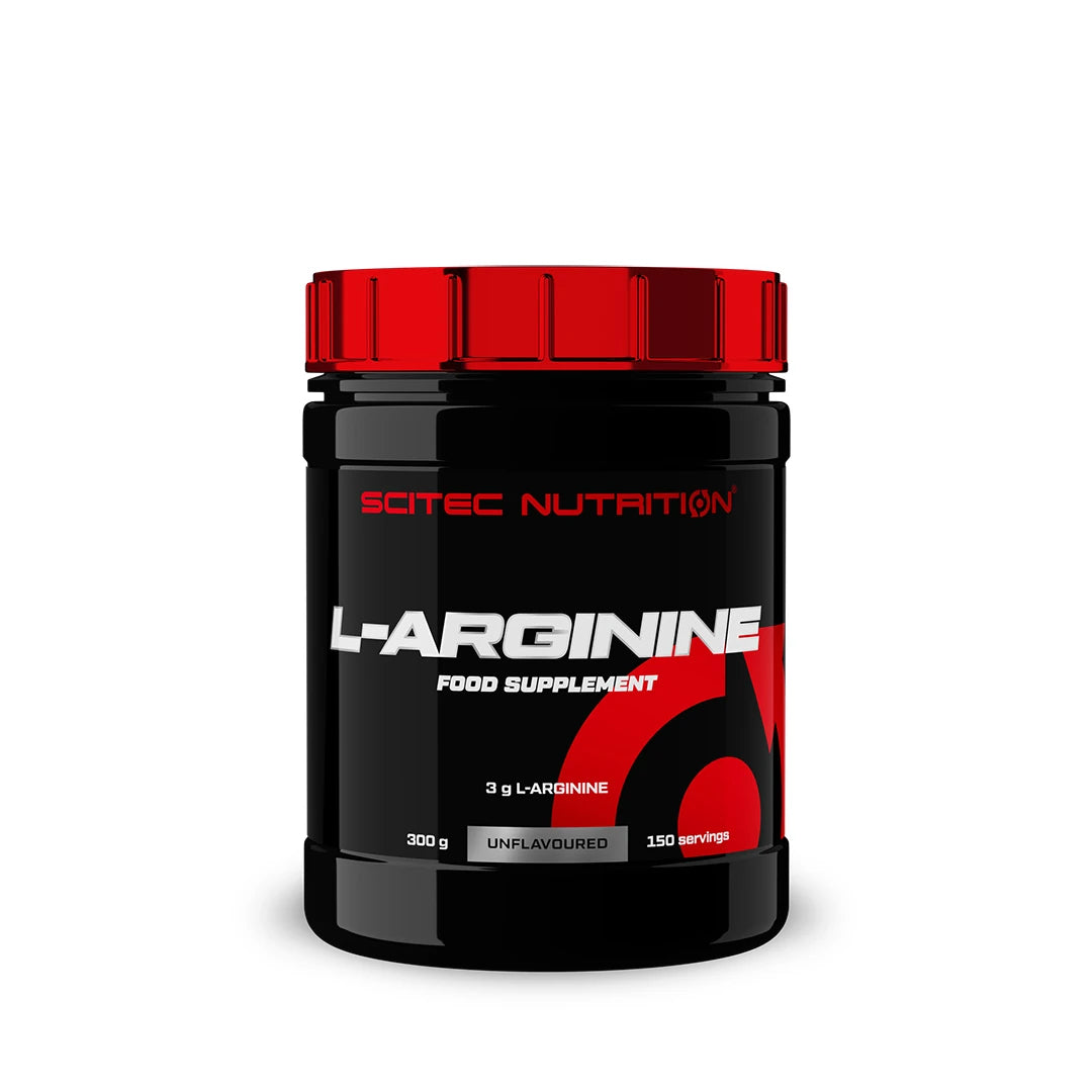 Scitec Nutrition L-Arginine 300 g aminosyretillskott i en svart burk med rött lock.