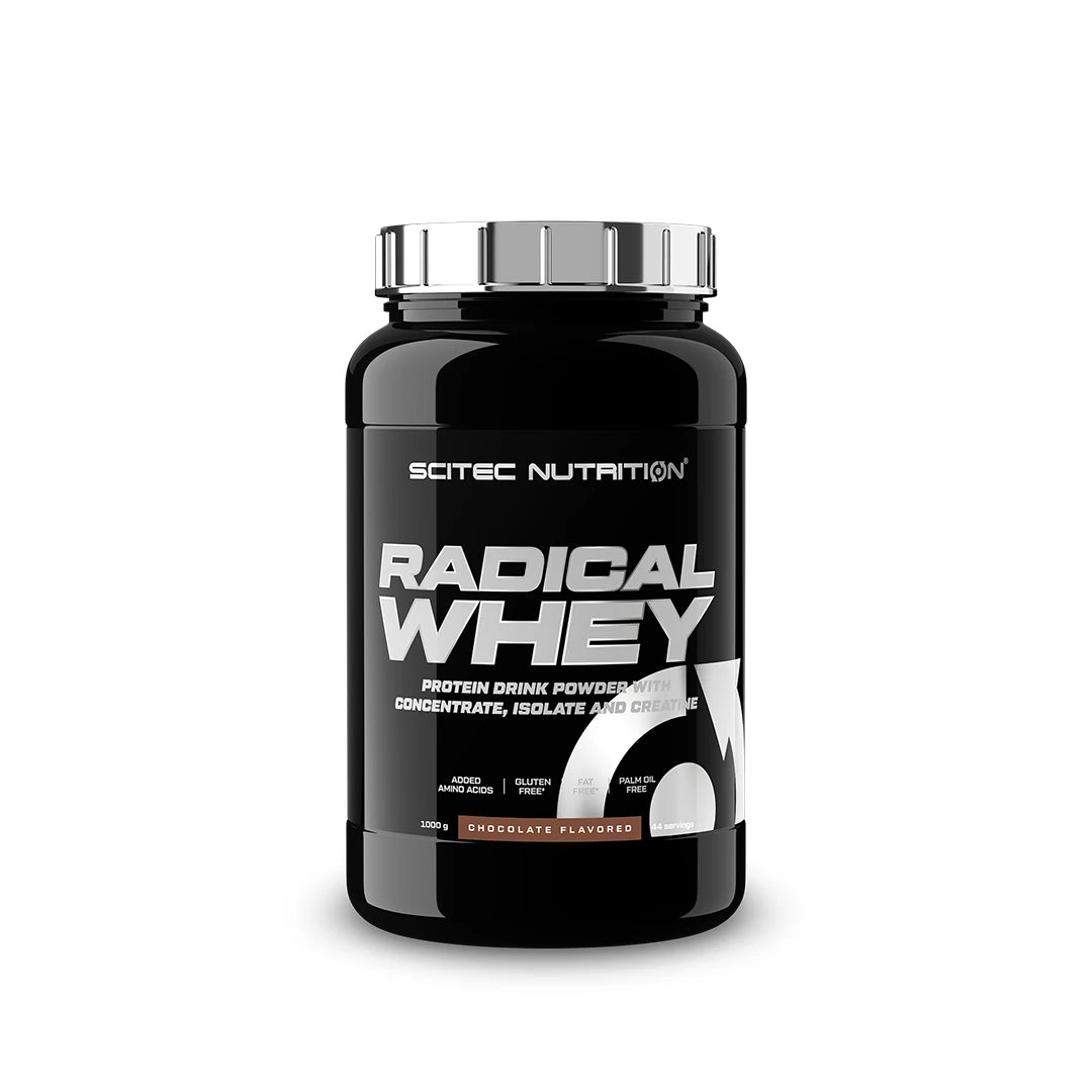 Scitec Nutrition Radical Whey 1 kg proteinpulver med smaken Chocolate i en svart burk med silvrigt lock.