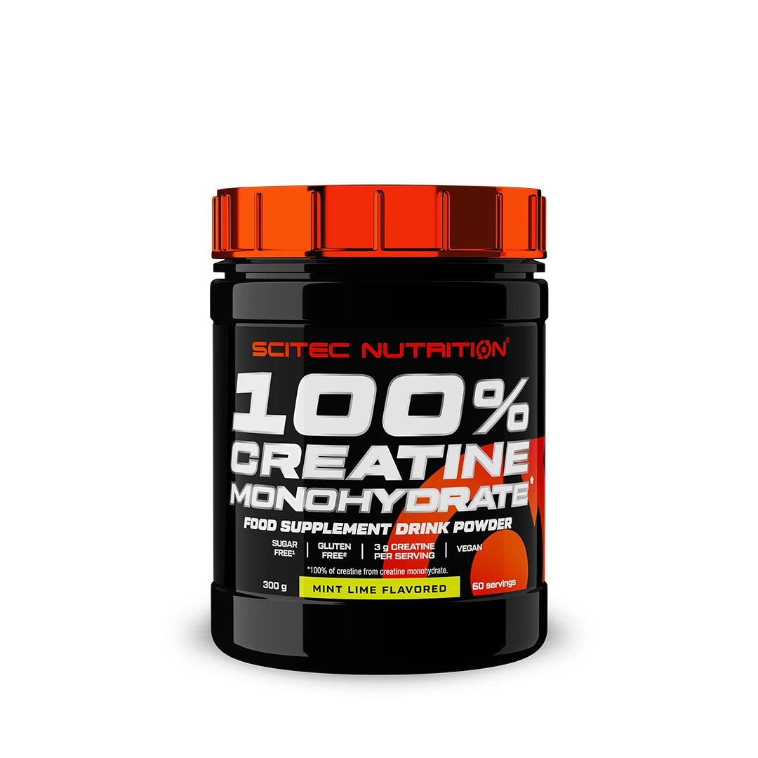 Scitec Nutrition 100% Creatine Monohydrate 300 g kreatinpulver i en svart burk med orange lock och smaken Mint Lime.