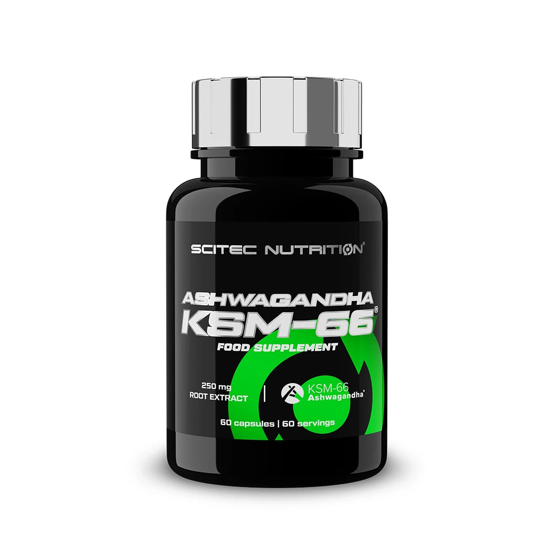 Scitec Nutrition KSM-66® Ashwagandha 60 caps i en svart burk med gröna och vita detaljer på etiketten.