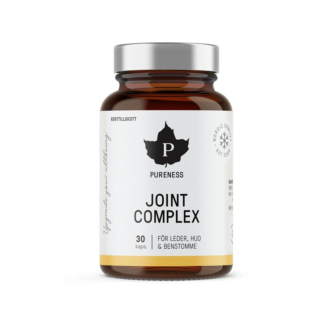 Pureness Joint Complex 30 caps kosttillskott i en brun glasburk med vit etikett och silvrigt lock för leder, hud och benstomme.
