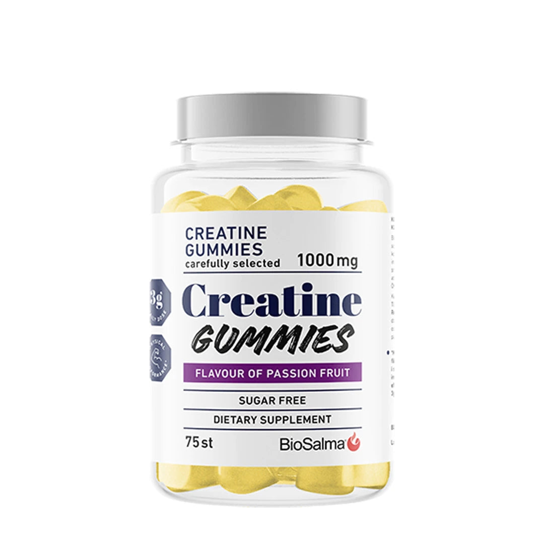 Biosalma Creatine Gummies 1000 mg Passion Fruit i en genomskinlig burk fylld med gula gummies.