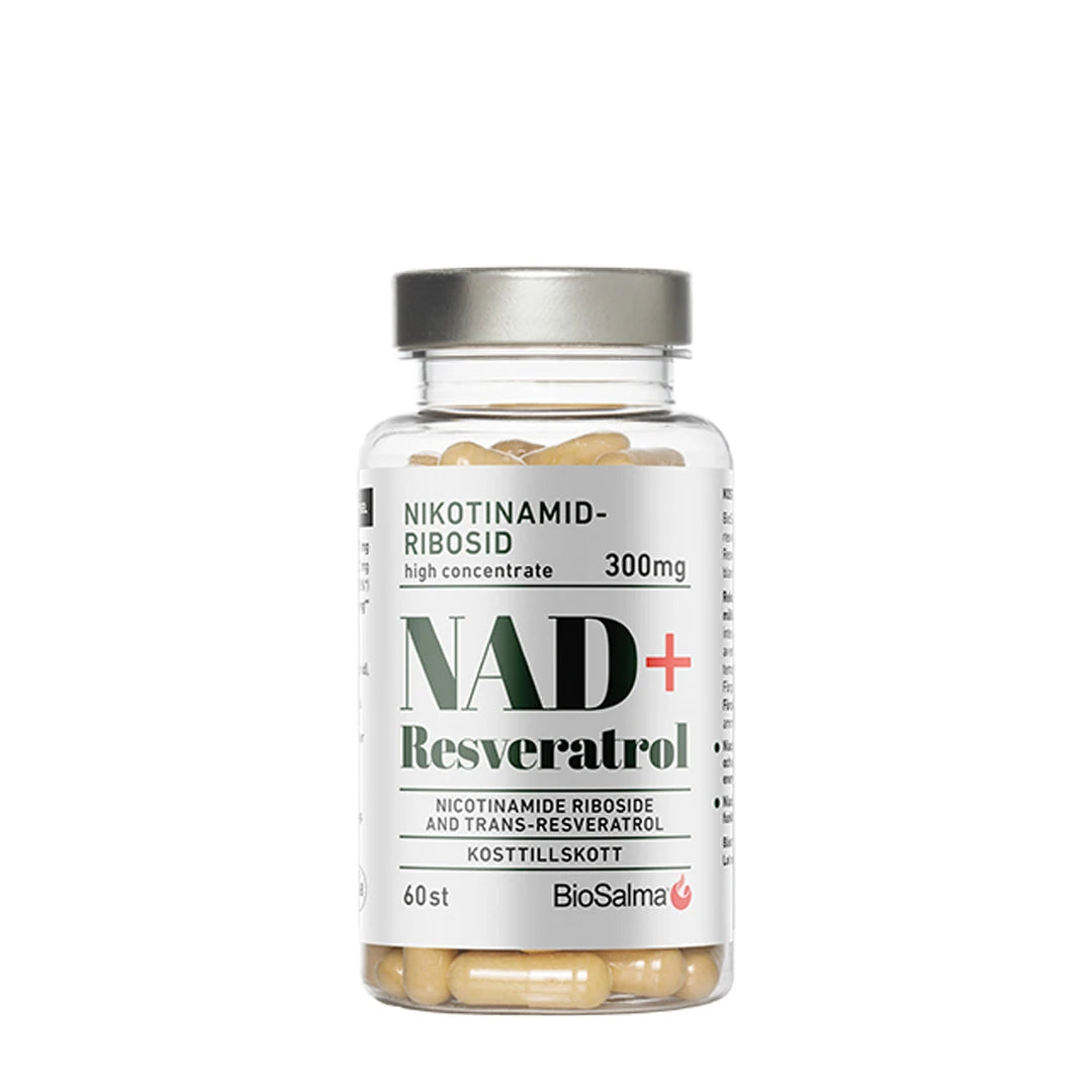 BioSalma NAD+ 300mg +Reservatrol 60 caps kosttillskott i en genomskinlig burk med silverlock och vit etikett med svart och grön text.