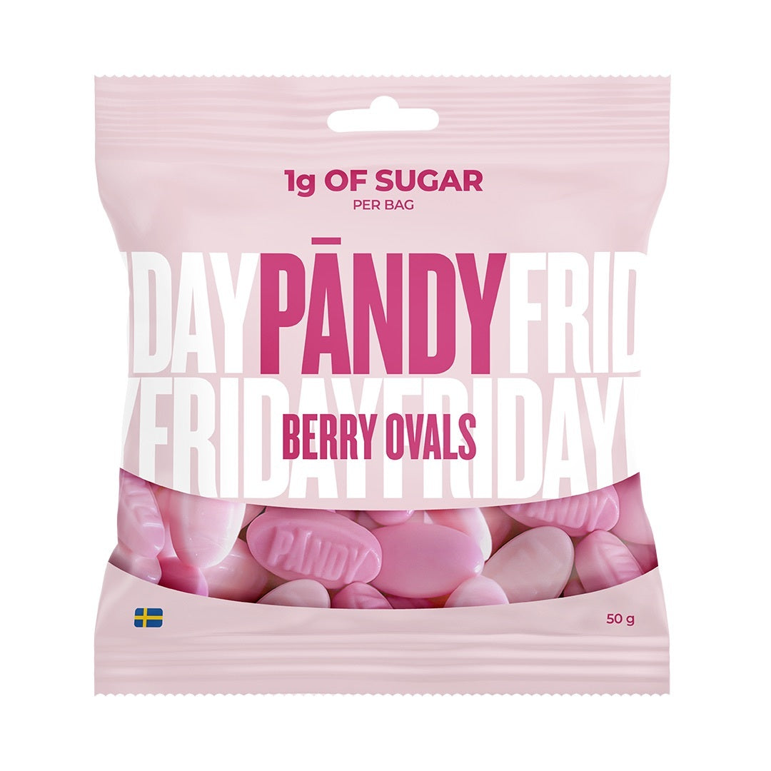 Pändy Candy 50 g Berry Ovals i en ljusrosa godispåse med rosa och vita skumgodisar i botten., bild 1 av 1