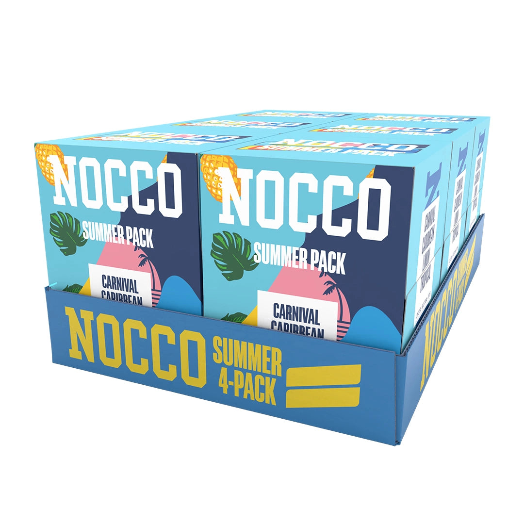 6 x NOCCO Summer Pack 4-pack energidryck i en ljusblå kartong med tropiska färgdetaljer och sommartema.