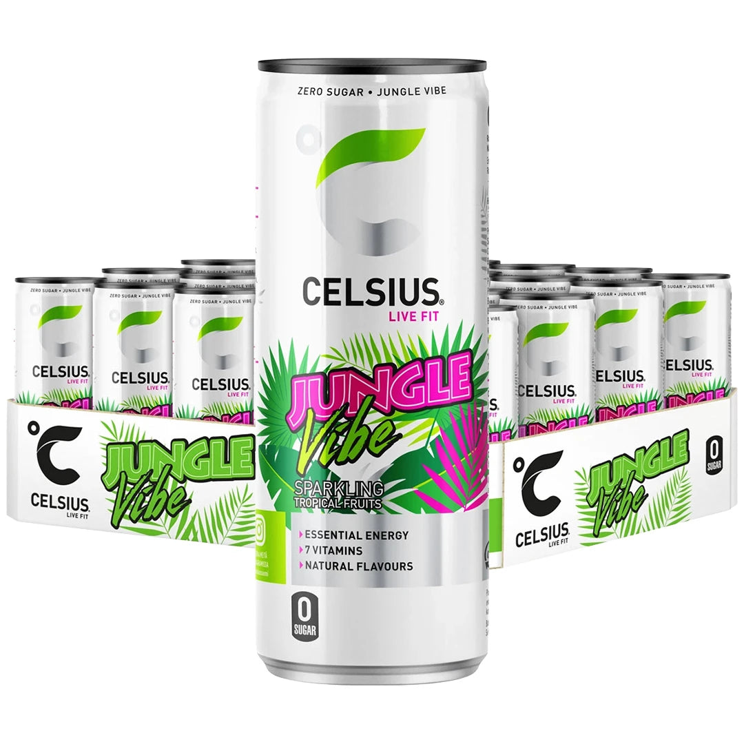 24 x Celsius 355 ml Jungle Vibe SUPER DEAL i ett vitt flak med energidrycksburkar som har gröna och rosa djungeldetaljer.