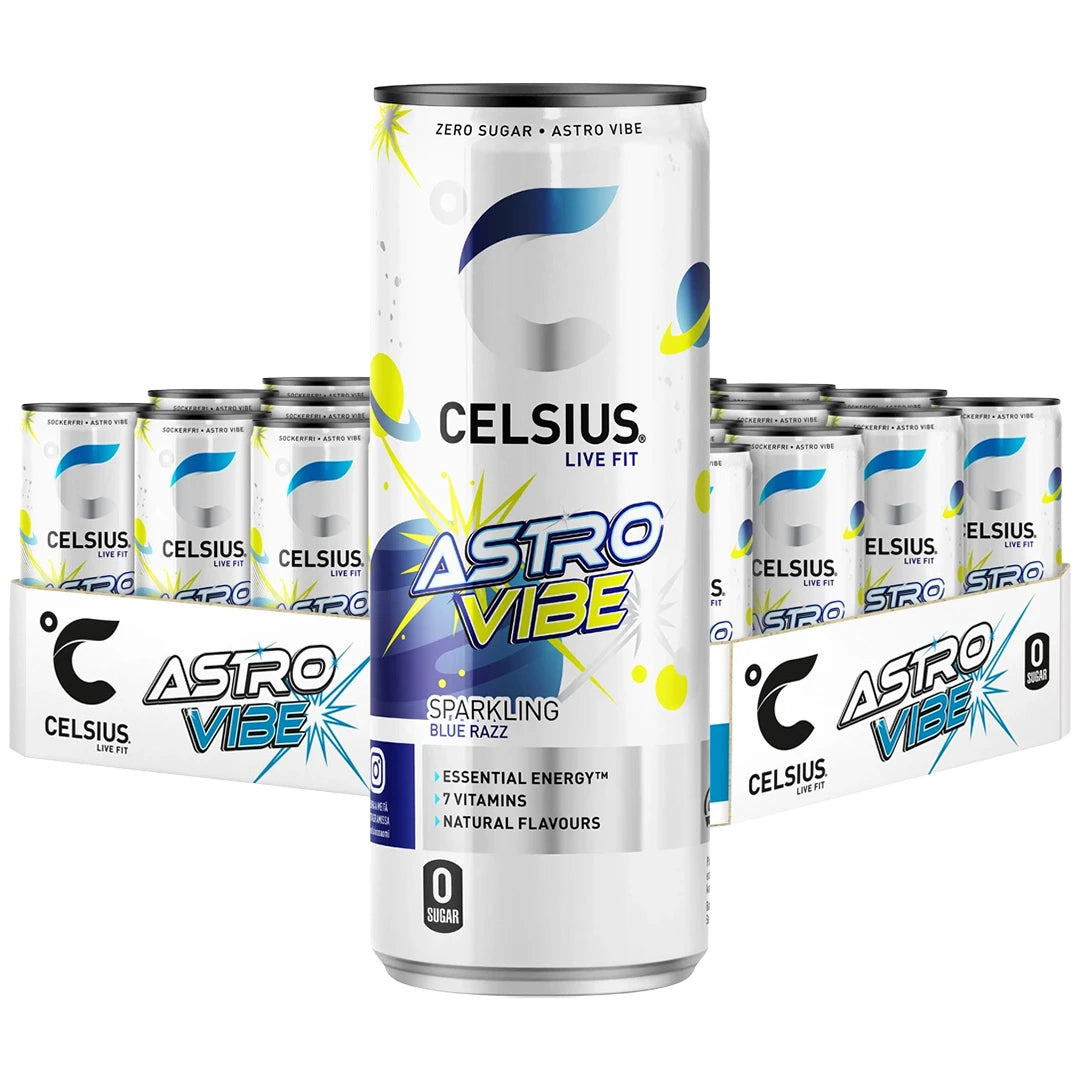 24 x Celsius 355 ml Astro Vibe SUPER DEAL i ett vitt flak med energidrycksburkar med blå och gula rymddetaljer.