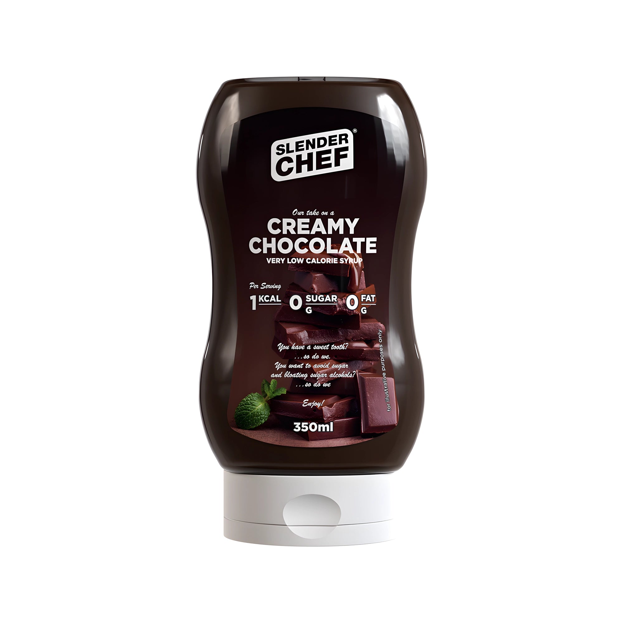 Slender Chef Sweet Sauce 350 ml i en mörk klämflaska med vitt lock och smaken Creamy Chocolate., bild 1 av 7