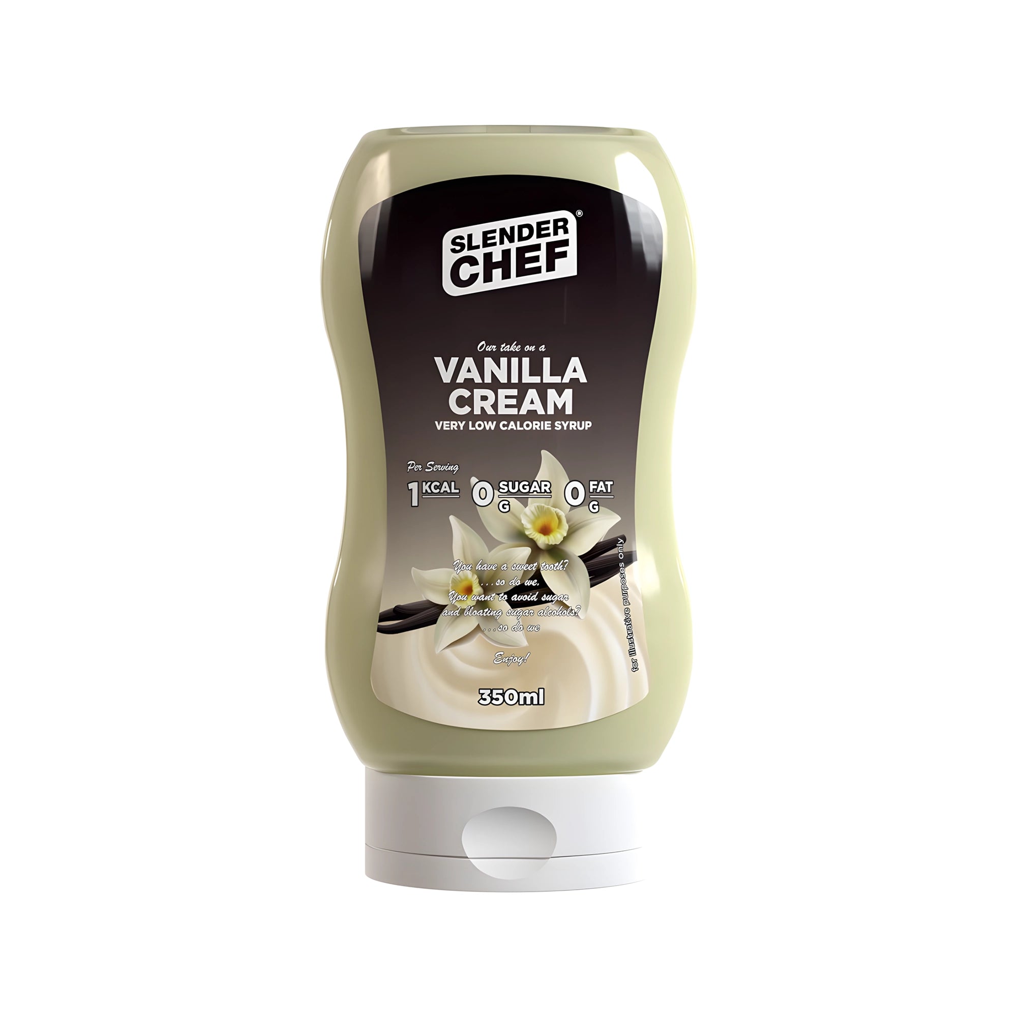 Slender Chef Sweet Sauce 350 ml sås i en klämflaska med motiv av vaniljblommor för smaken Vanilla Cream., bild 3 av 7