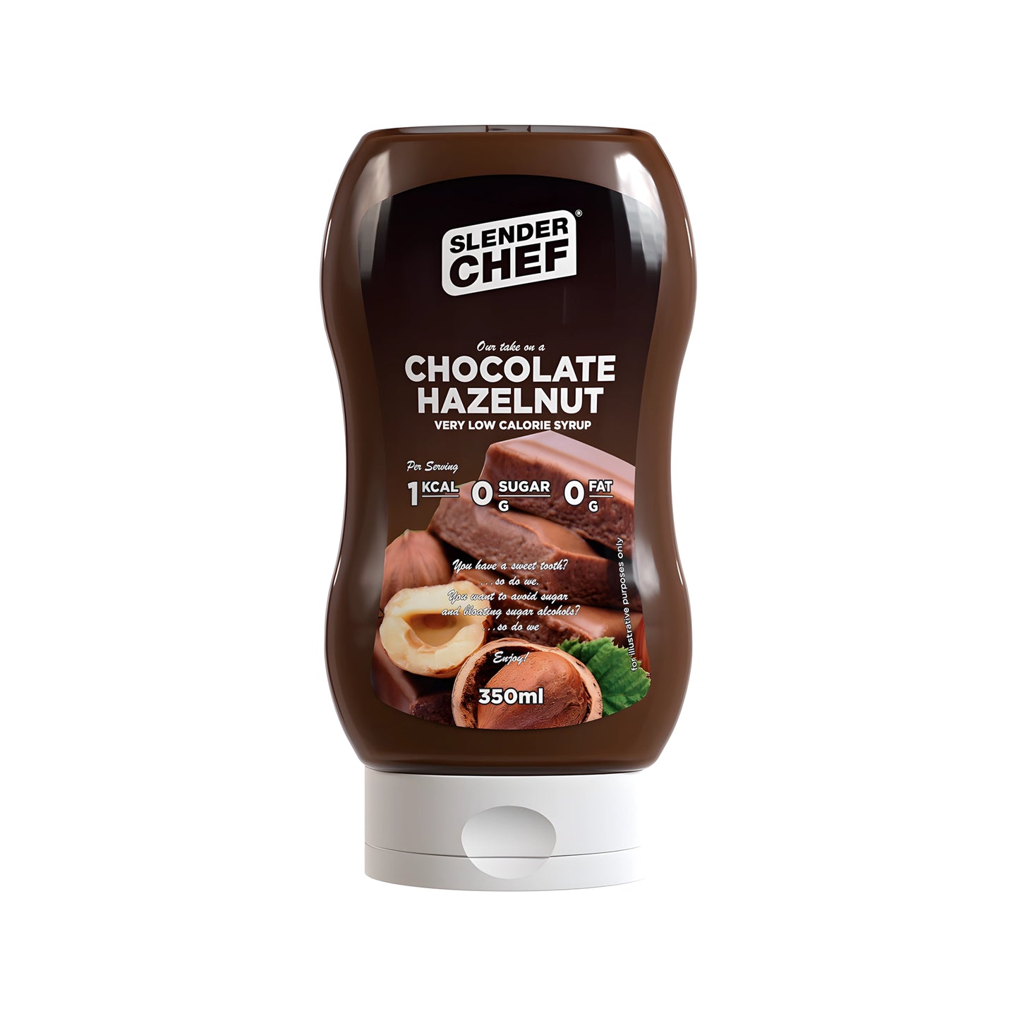 Slender Chef Sweet Sauce 350 ml i smaken Chocolate Hazelnut i en brun klämflaska med vitt lock och illustration av choklad och hasselnötter., bild 4 av 7
