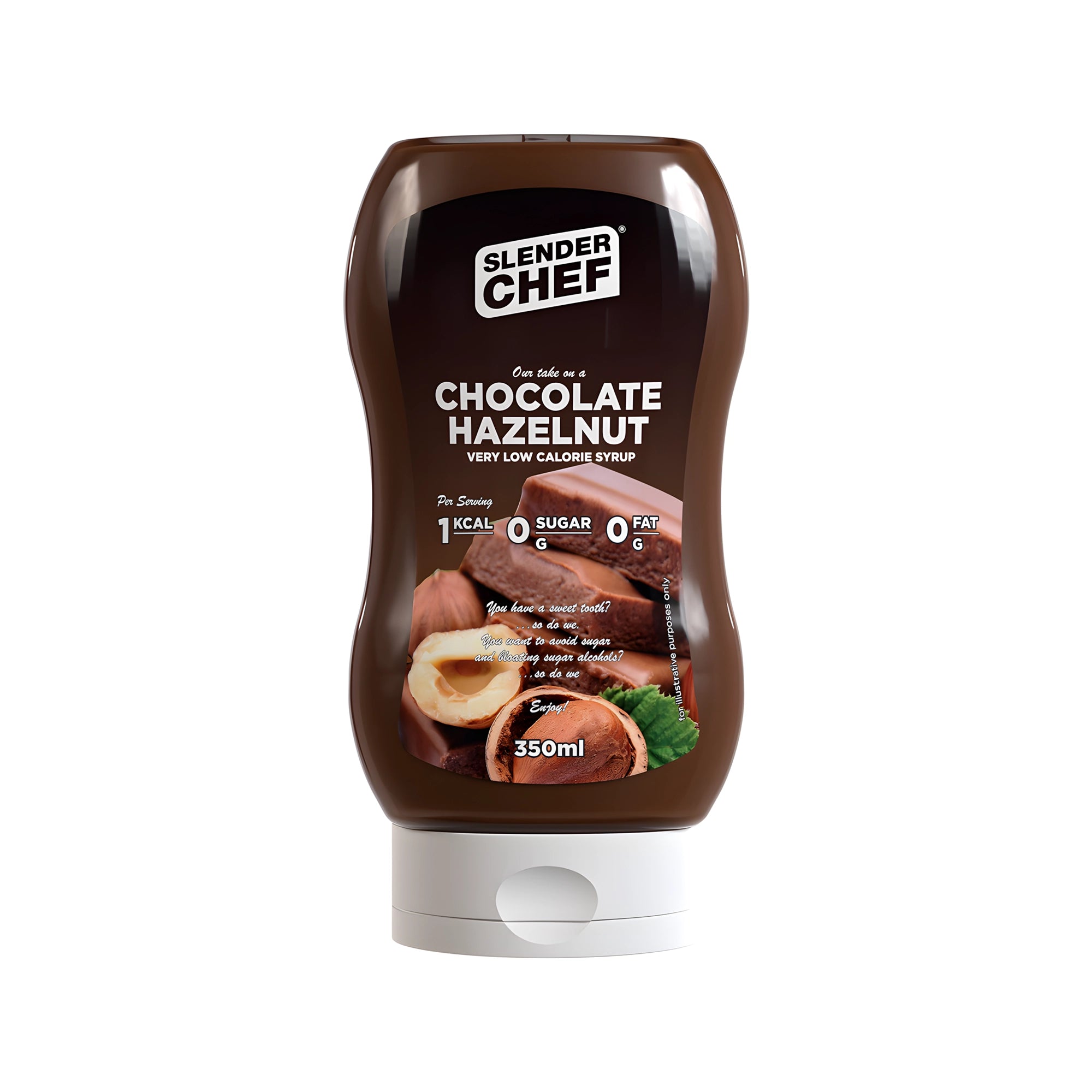 Slender Chef Sweet Sauce 350 ml i smaken Chocolate Hazelnut i en brun klämflaska med vitt lock och illustration av choklad och hasselnötter., bild 4 av 7