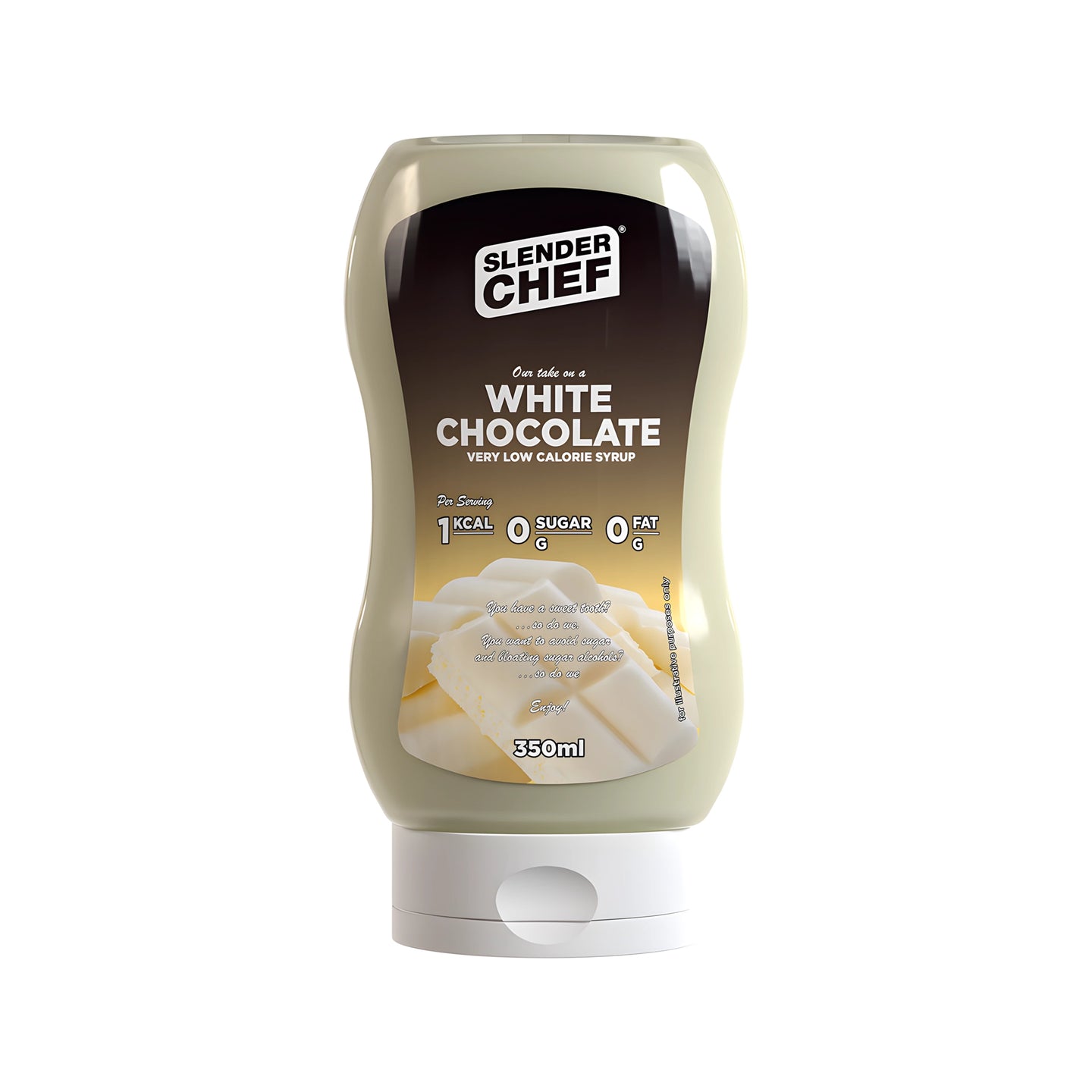 Slender Chef Sweet Sauce 350 ml dessertsås i en klämflaska med motiv av vit choklad för smaken White Chocolate., bild 5 av 7