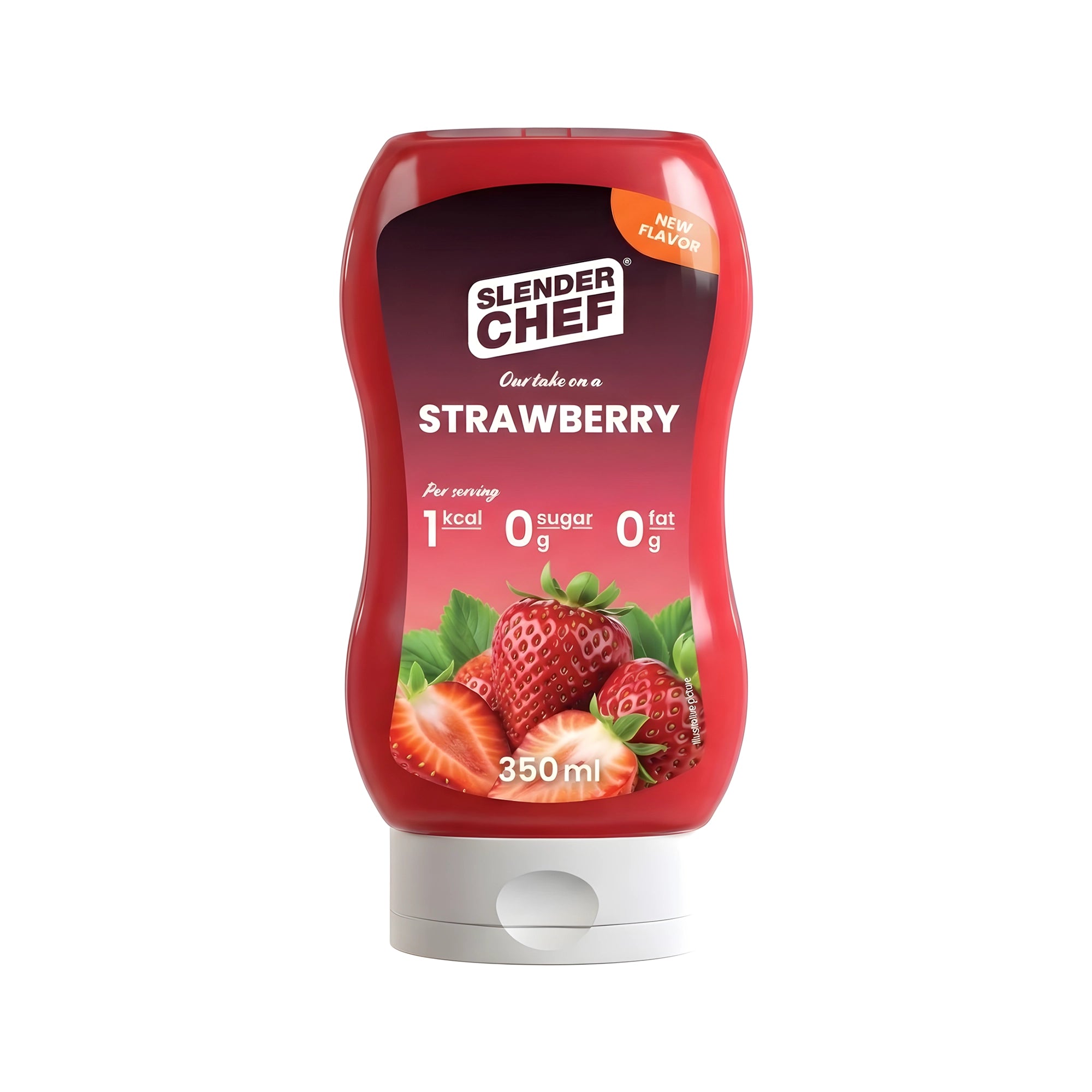 Slender Chef Sweet Sauce 350 ml i en röd klämflaska med vitt lock och jordgubbsmotiv för smaken Strawberry., bild 7 av 7