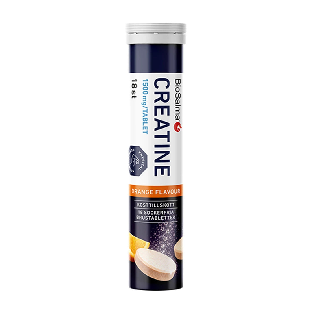BioSalma Effervescent Creatine 1500 mg Orange brustabletter i ett vitt och mörkblått rör med orange detaljer.