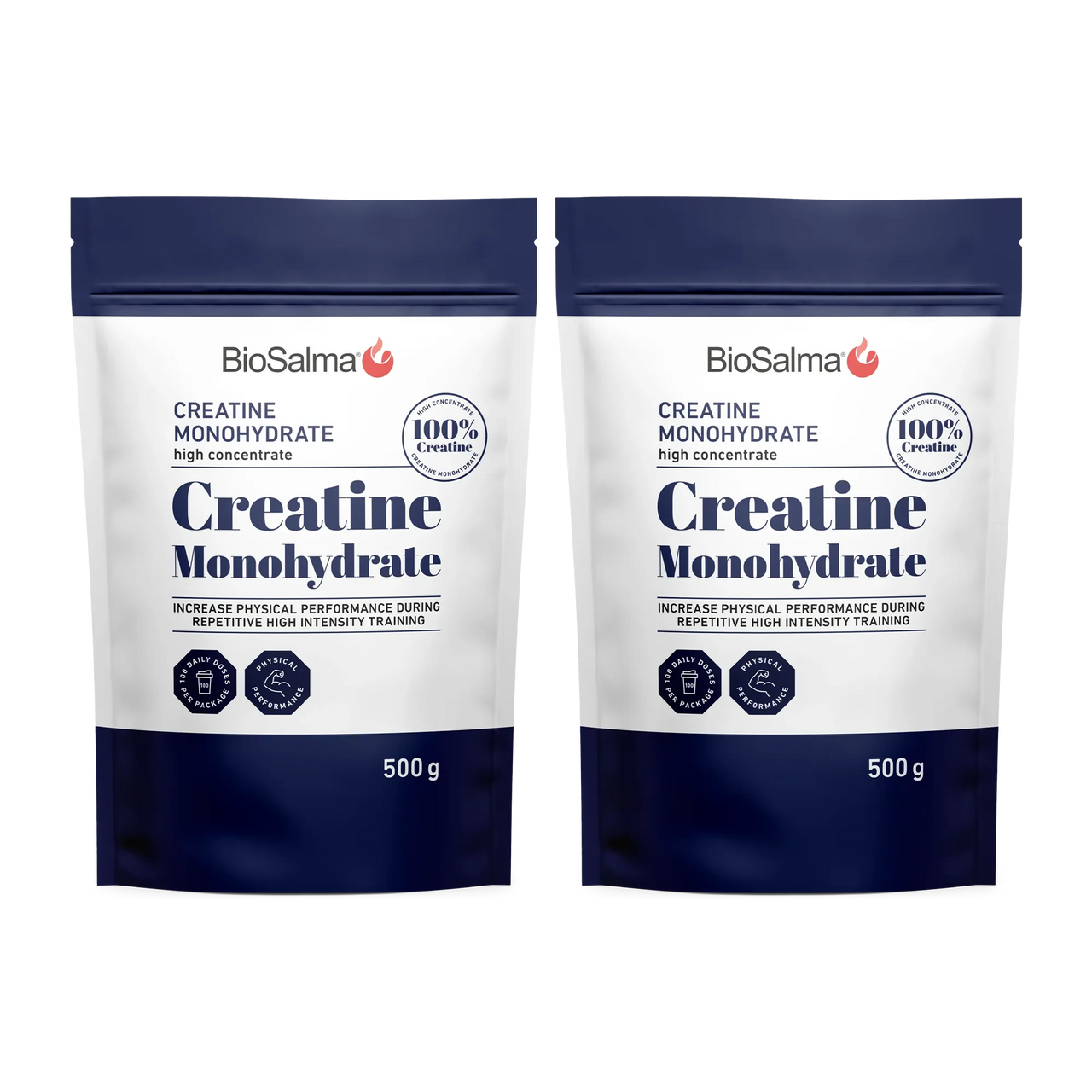 2 x BioSalma Creatine Monohydrat 500 g pulver i två vita och marinblå påsar.
