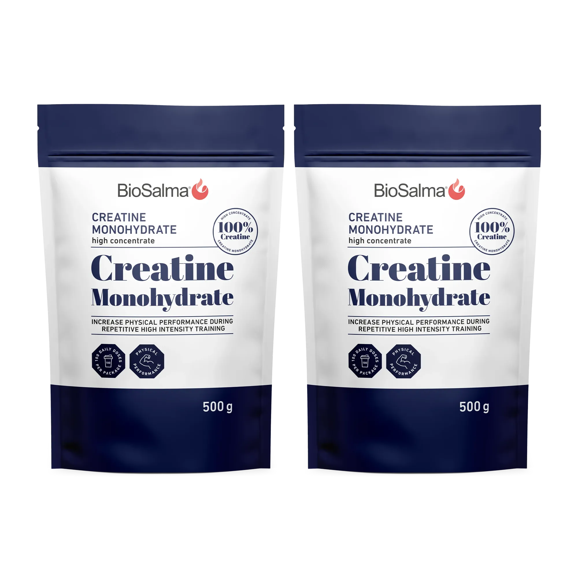 2 x BioSalma Creatine Monohydrat 500 g pulver i två vita och marinblå påsar.