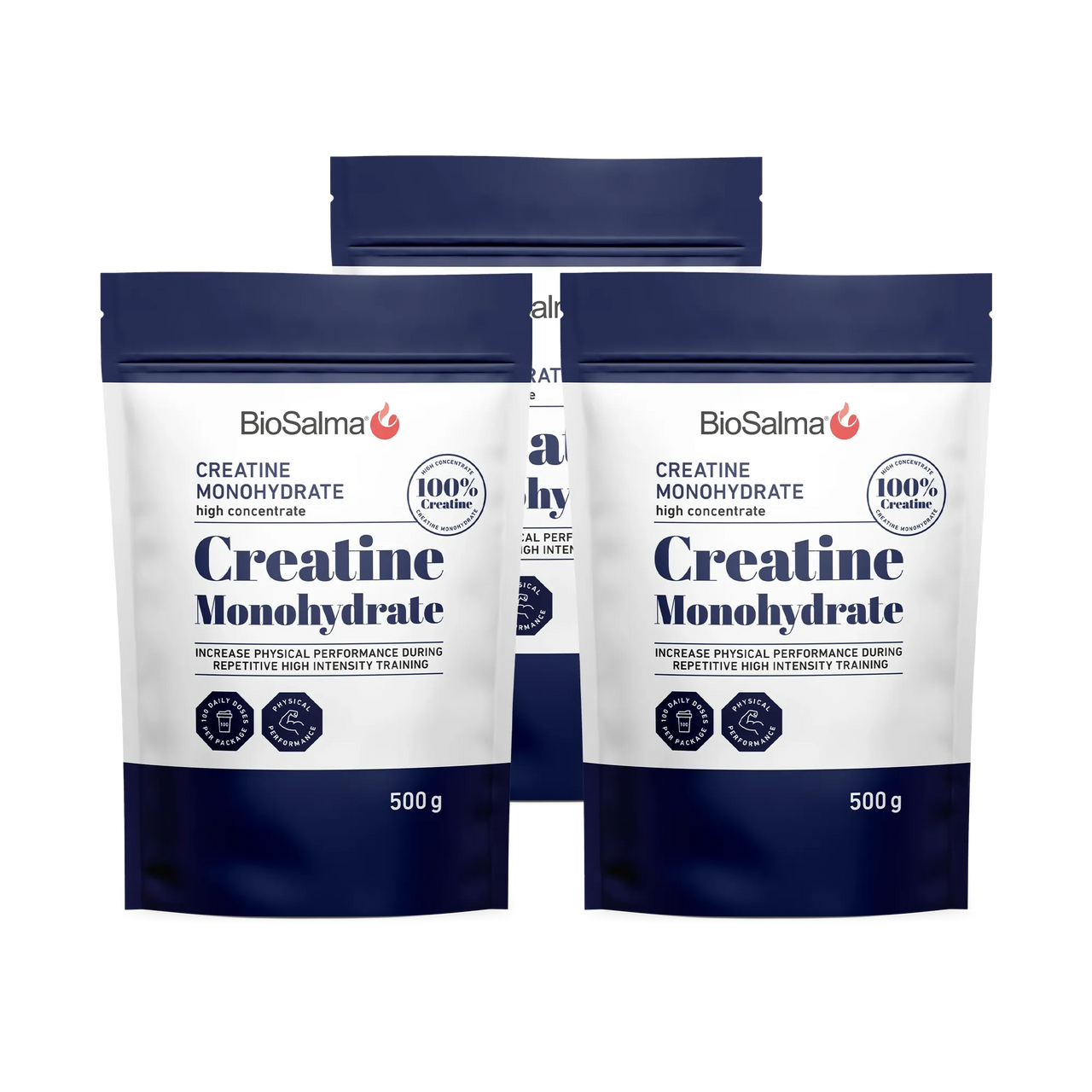 3 x BioSalma Creatine Monohydrat 500 g kreatinpulver i tre vita och mörkblå påsar.