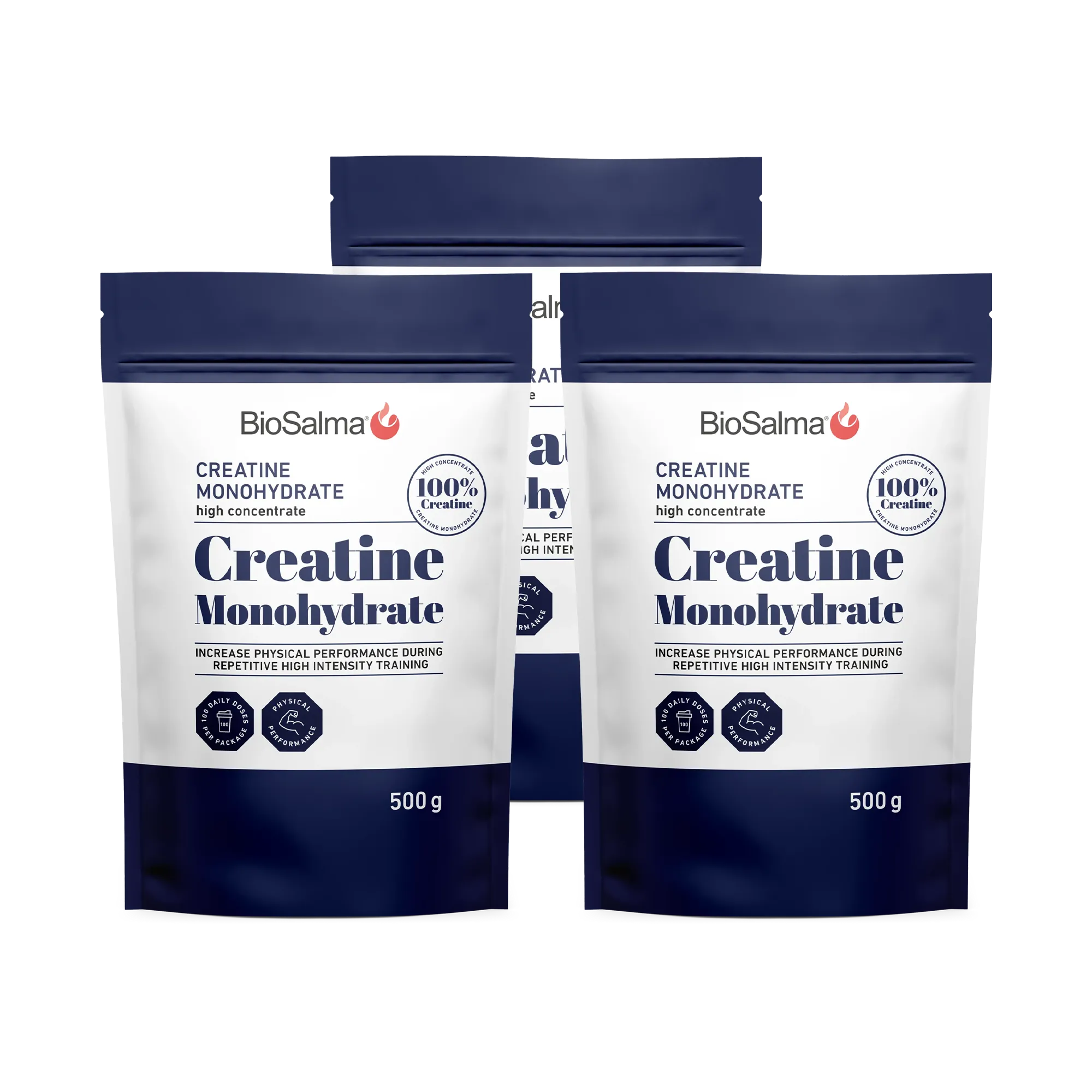 3 x BioSalma Creatine Monohydrat 500 g kreatinpulver i tre vita och mörkblå påsar.