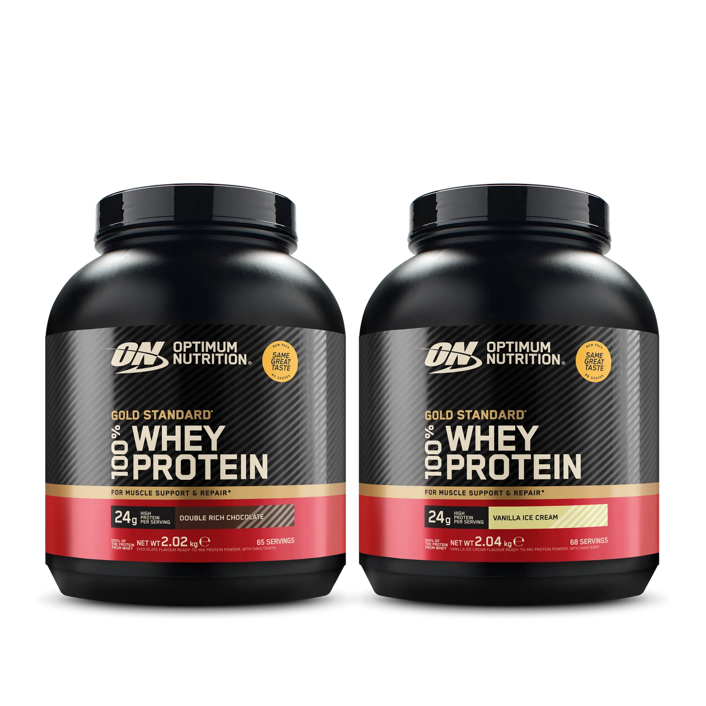 2 x Optimum Nutrition 100% Whey Gold Standard 2 kg proteinpulver i två svarta burkar med guldiga och röda detaljer.