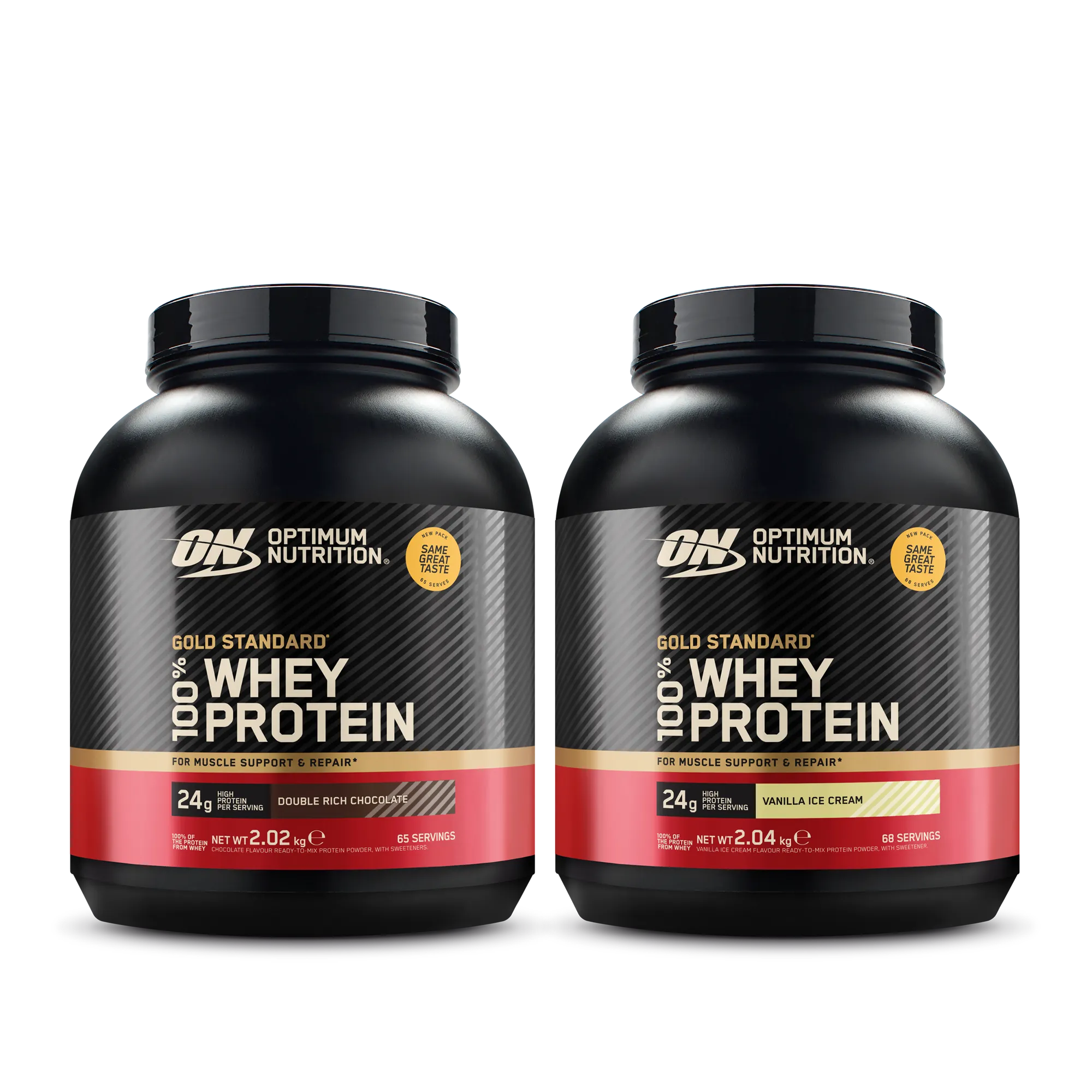 2 x Optimum Nutrition 100% Whey Gold Standard 2 kg proteinpulver i två svarta burkar med guldiga och röda detaljer.
