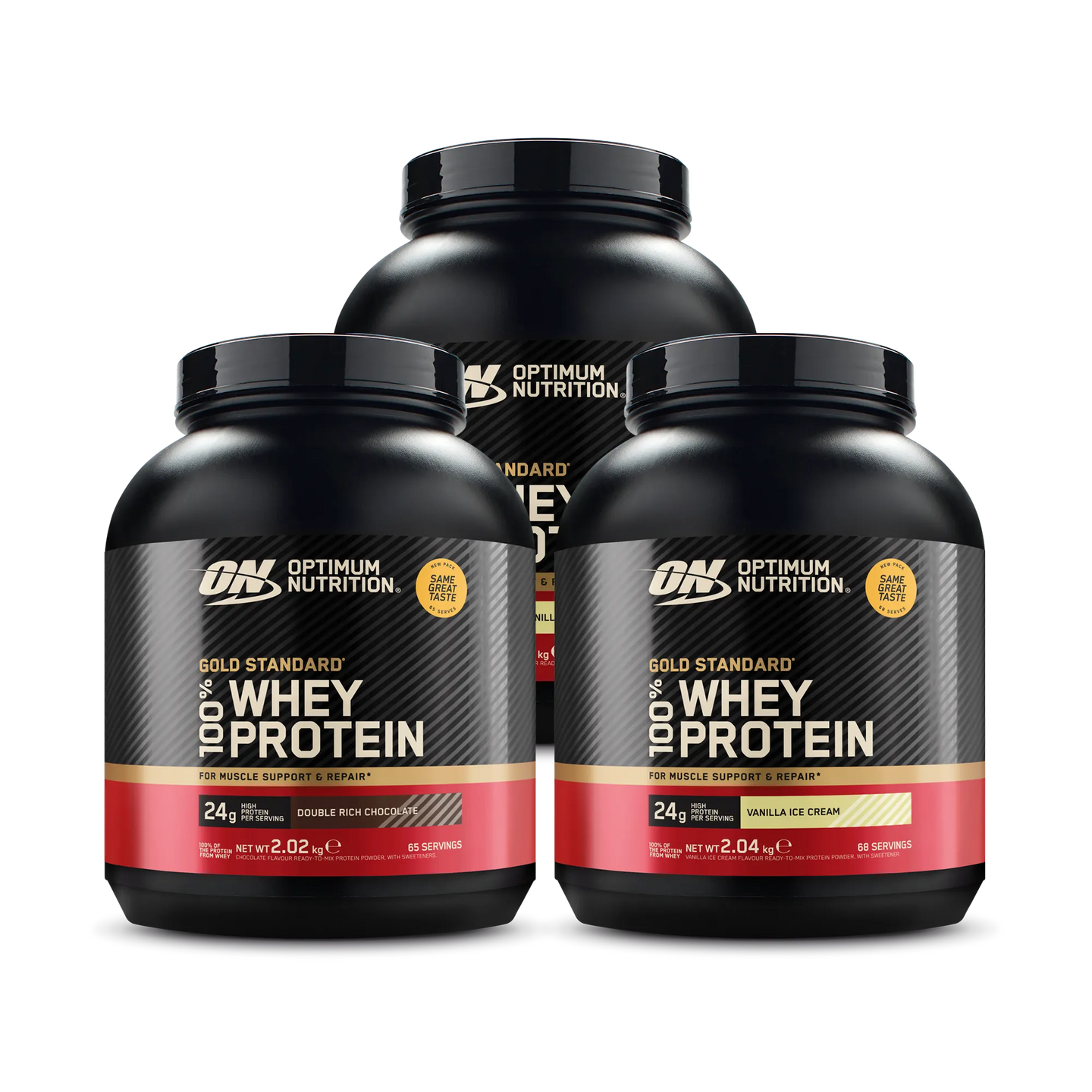 3 x Optimum Nutrition 100% Whey Gold Standard 2 kg proteinpulver i svarta burkar med röda och guldiga detaljer för olika smaker.