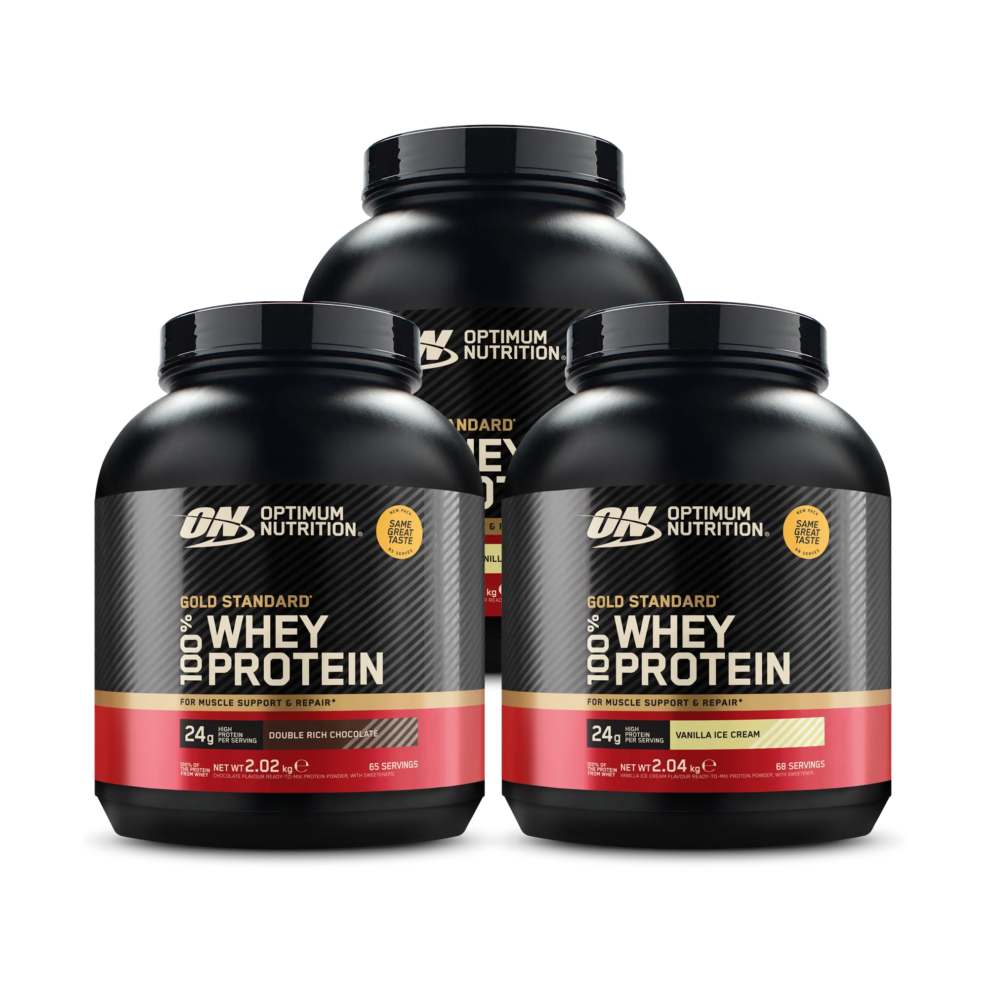 3 x Optimum Nutrition 100% Whey Gold Standard 2 kg proteinpulver i svarta burkar med röda och guldiga detaljer för olika smaker.