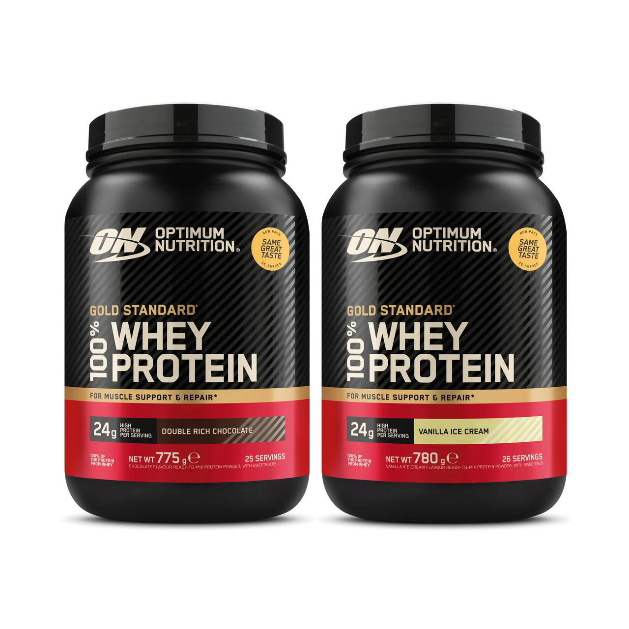 2 x Optimum Nutrition 100% Whey Gold Standard 775 g proteinpulver i två svarta burkar med röda och guldiga detaljer.