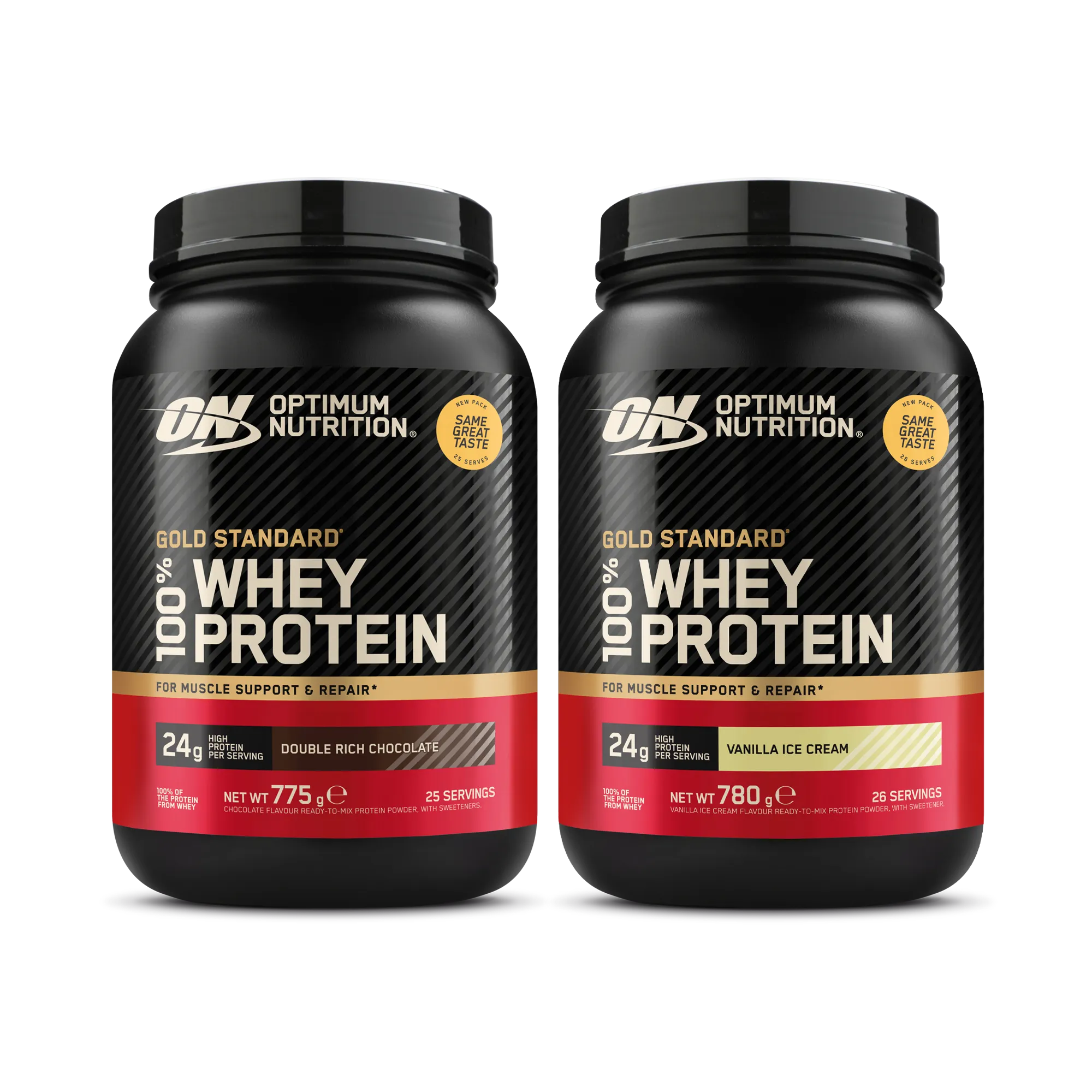 2 x Optimum Nutrition 100% Whey Gold Standard 775 g proteinpulver i två svarta burkar med röda och guldiga detaljer.