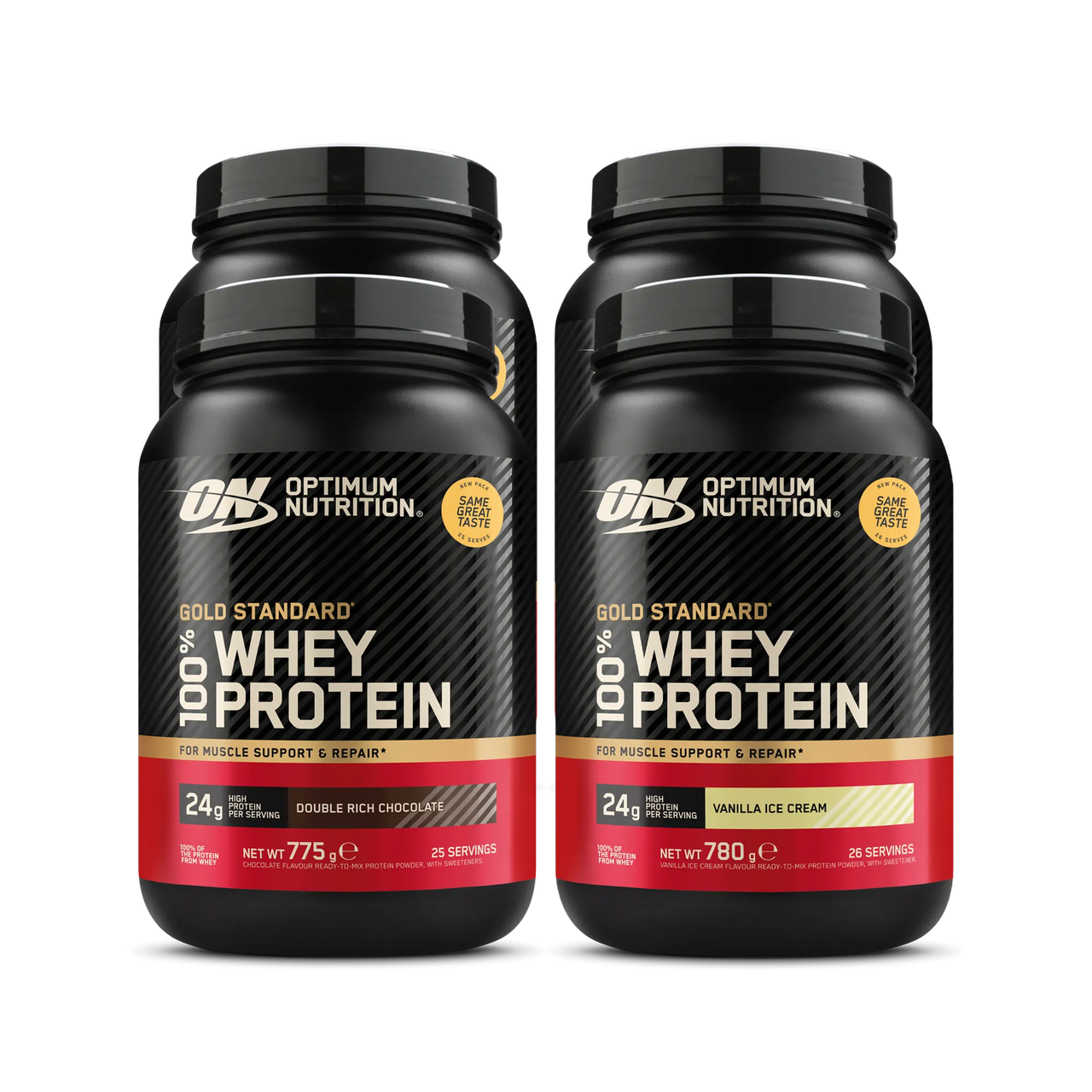 4 x Optimum Nutrition 100% Whey Gold Standard 775 g proteinpulver i svarta burkar med röda och guldiga detaljer.