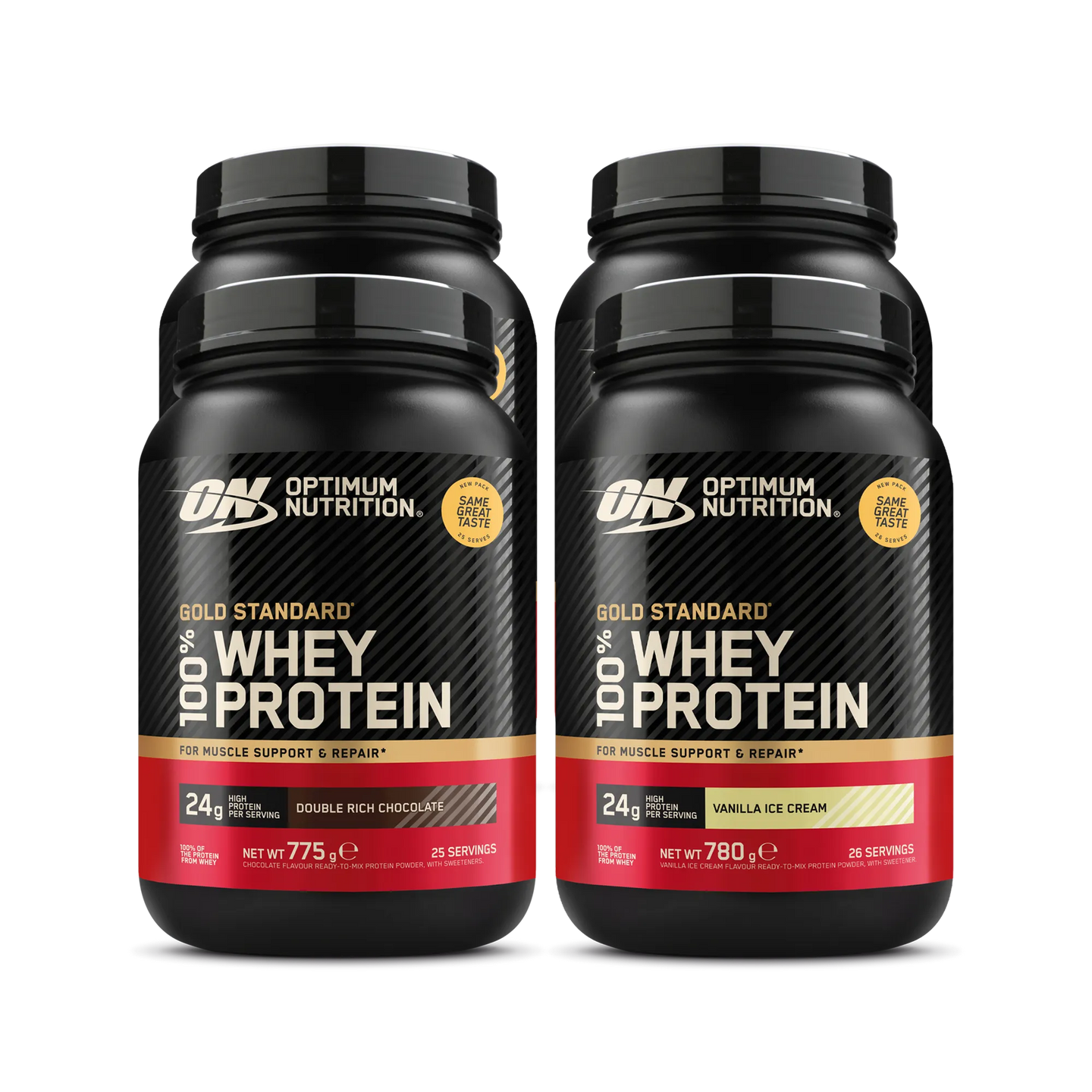 4 x Optimum Nutrition 100% Whey Gold Standard 775 g proteinpulver i svarta burkar med röda och guldiga detaljer.