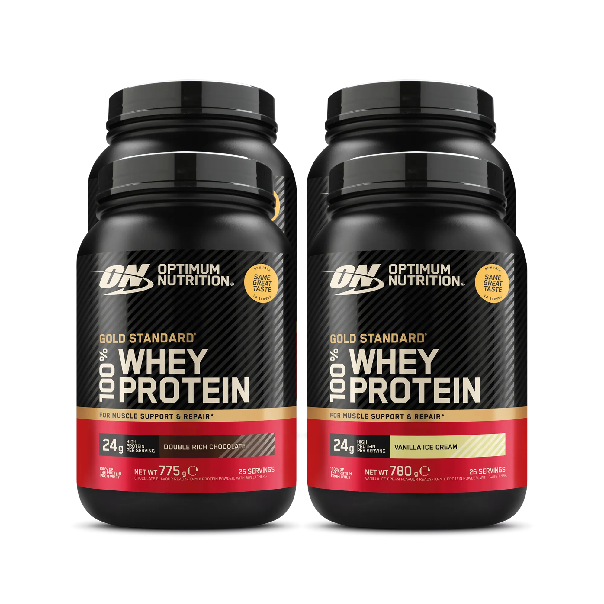 4 x Optimum Nutrition 100% Whey Gold Standard 775 g proteinpulver i svarta burkar med röda och guldiga detaljer.