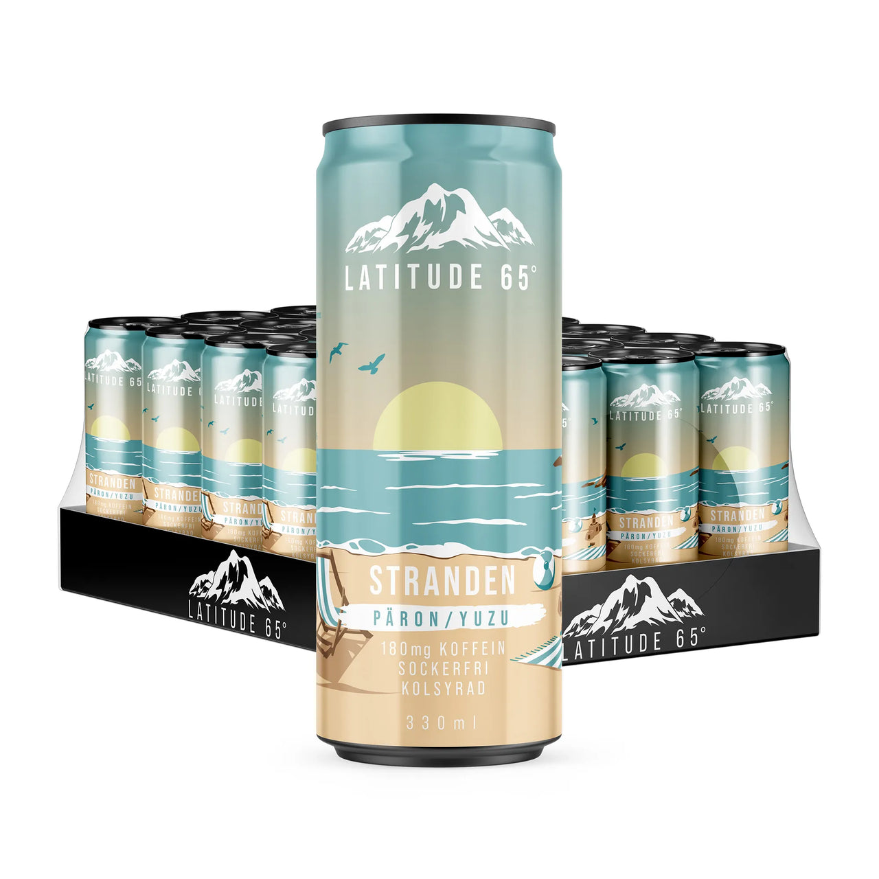24 x Latitude 65 330 ml Stranden - Päron/Yuzu i turkosa burkar med strandmotiv, samlade på ett svart flak.