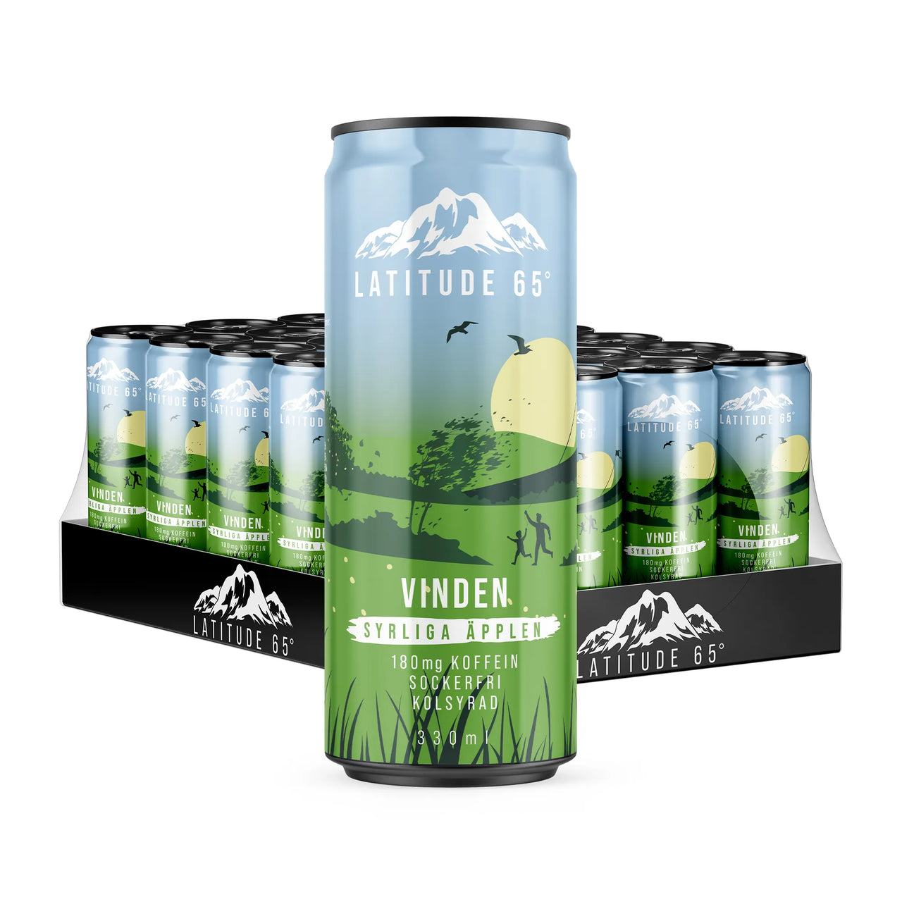 24 x Latitude 65 330 ml Vinden - Syrliga äpplen energidryck i ljusblå och gröna burkar presenterade på ett svart flak.