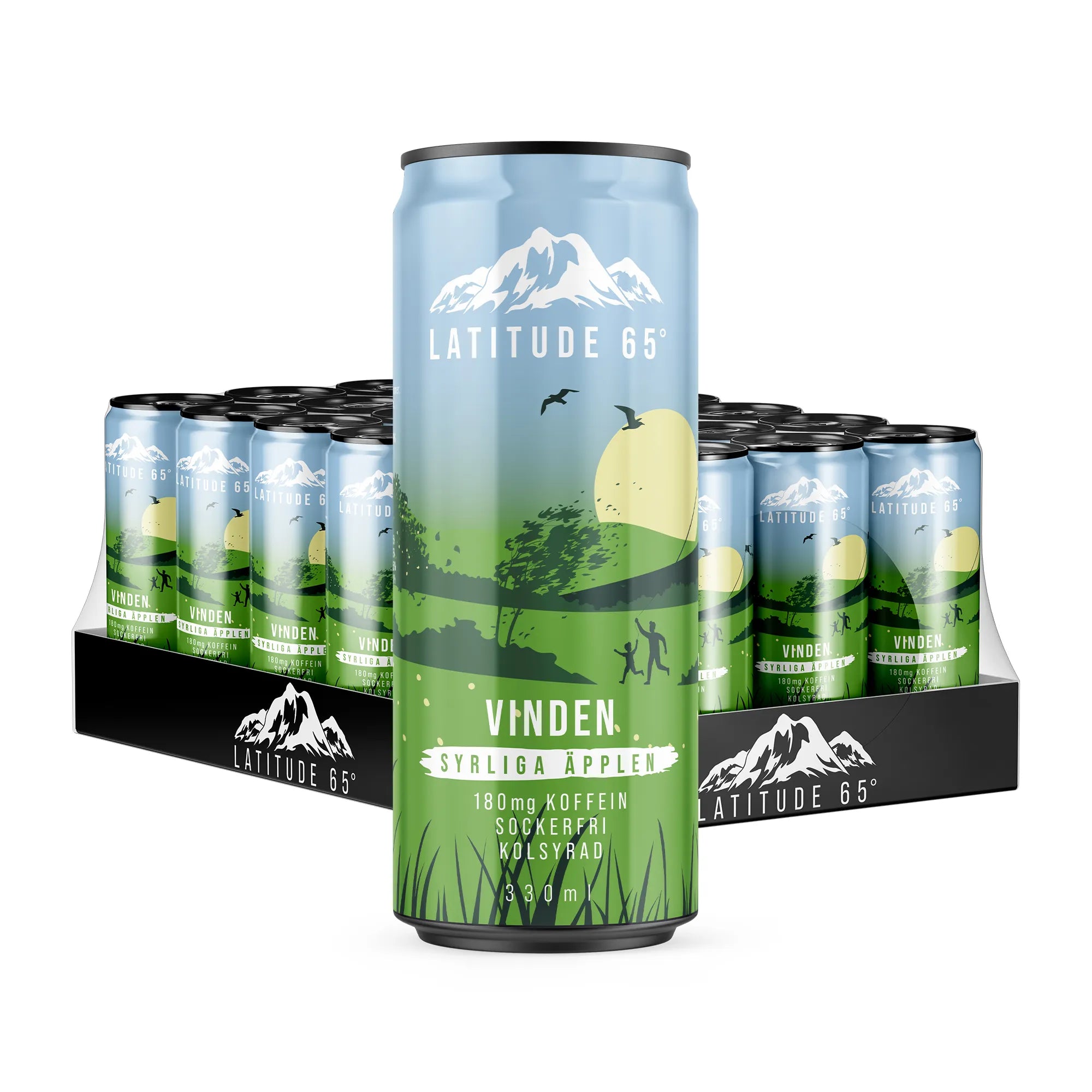 24 x Latitude 65 330 ml Vinden - Syrliga äpplen energidryck i ljusblå och gröna burkar presenterade på ett svart flak.