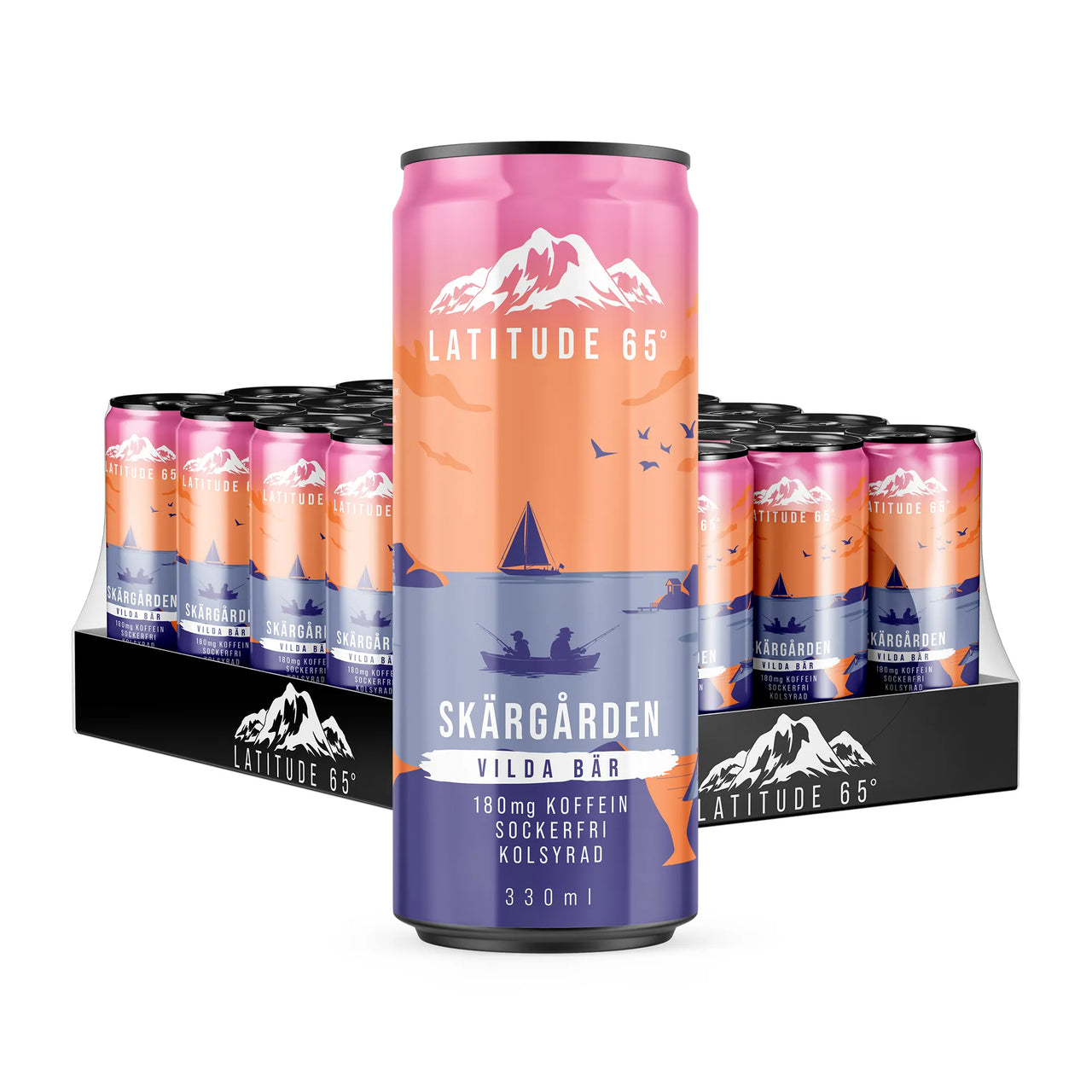 24 x Latitude 65 330 ml Skärgården - Vilda bär funktionsdryck på ett svart flak med rosa och blå burkar.