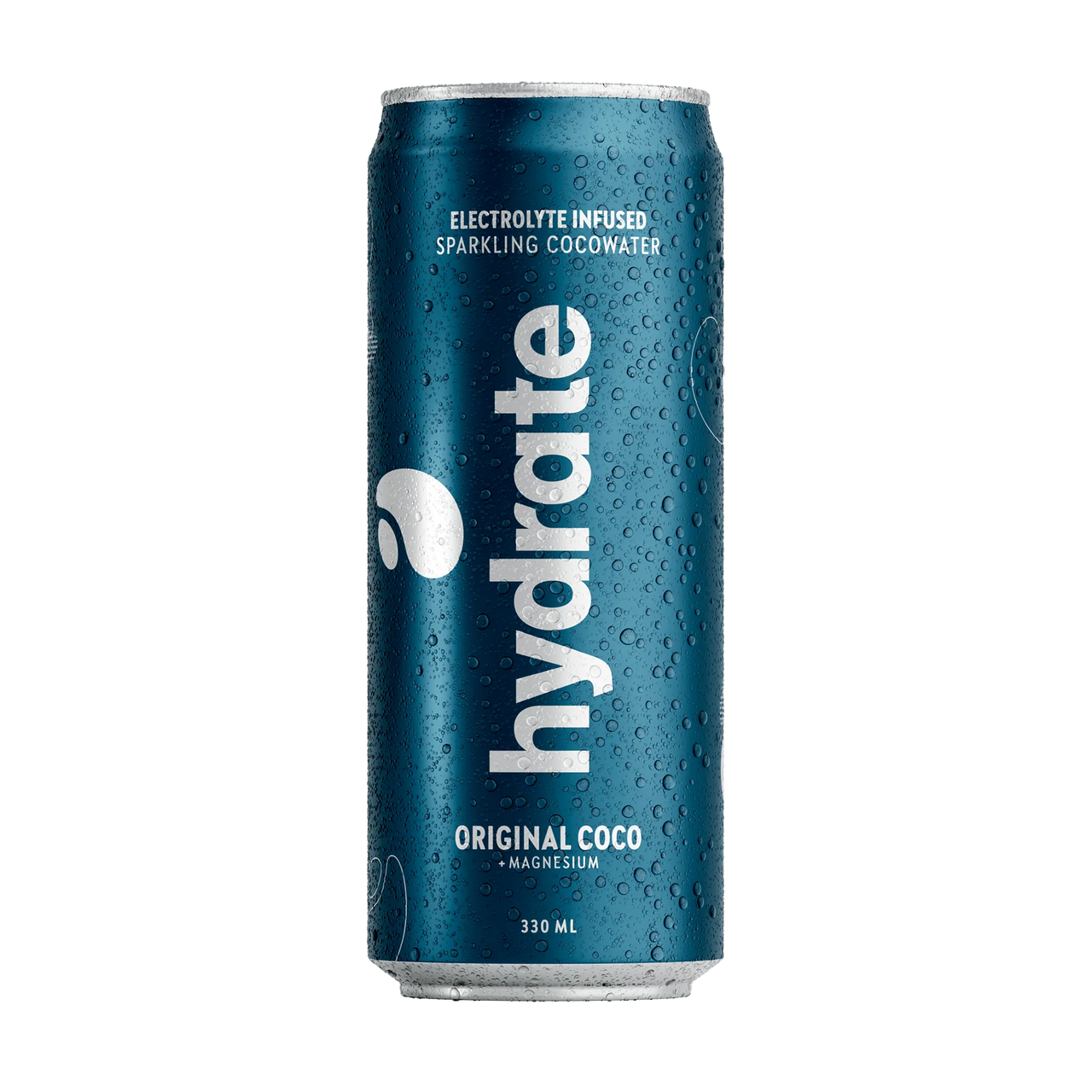 Hydrate 330 ml kokosvatten i en mörkblå metallburk med vattendroppar för smaken Original Coco.