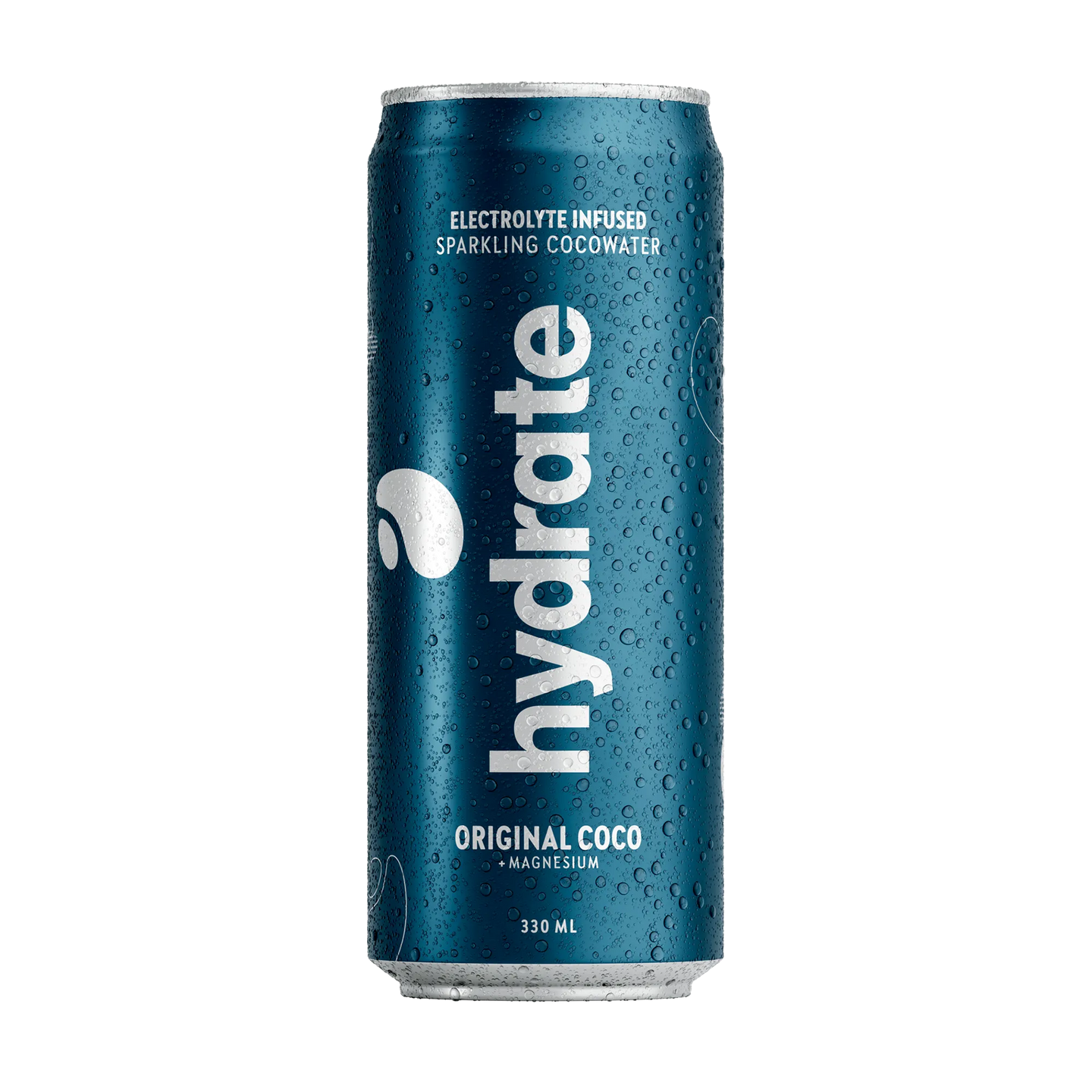 Hydrate 330 ml kokosvatten i en mörkblå metallburk med vattendroppar för smaken Original Coco., bild 1 av 3