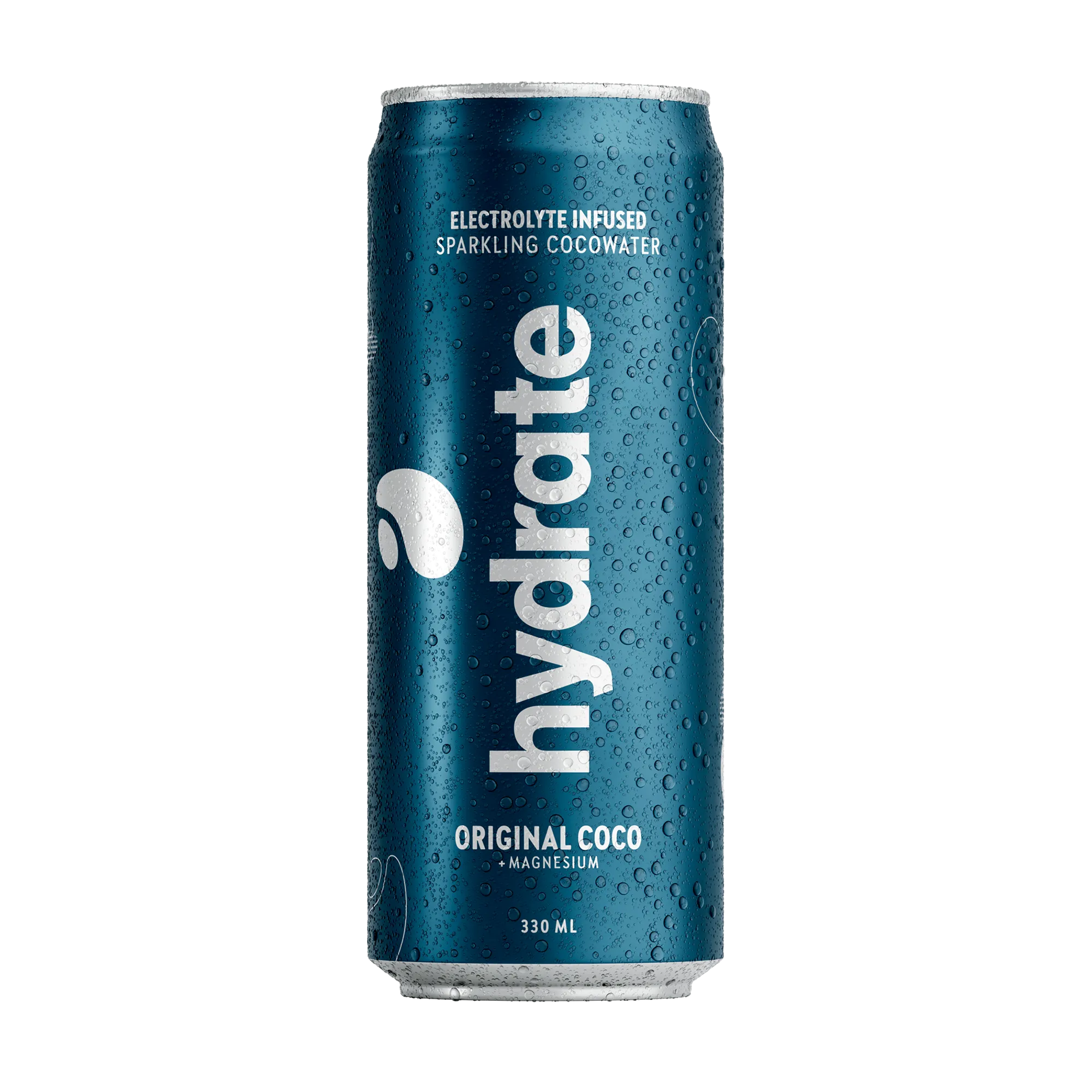 Hydrate 330 ml kokosvatten i en mörkblå metallburk med vattendroppar för smaken Original Coco., bild 1 av 3