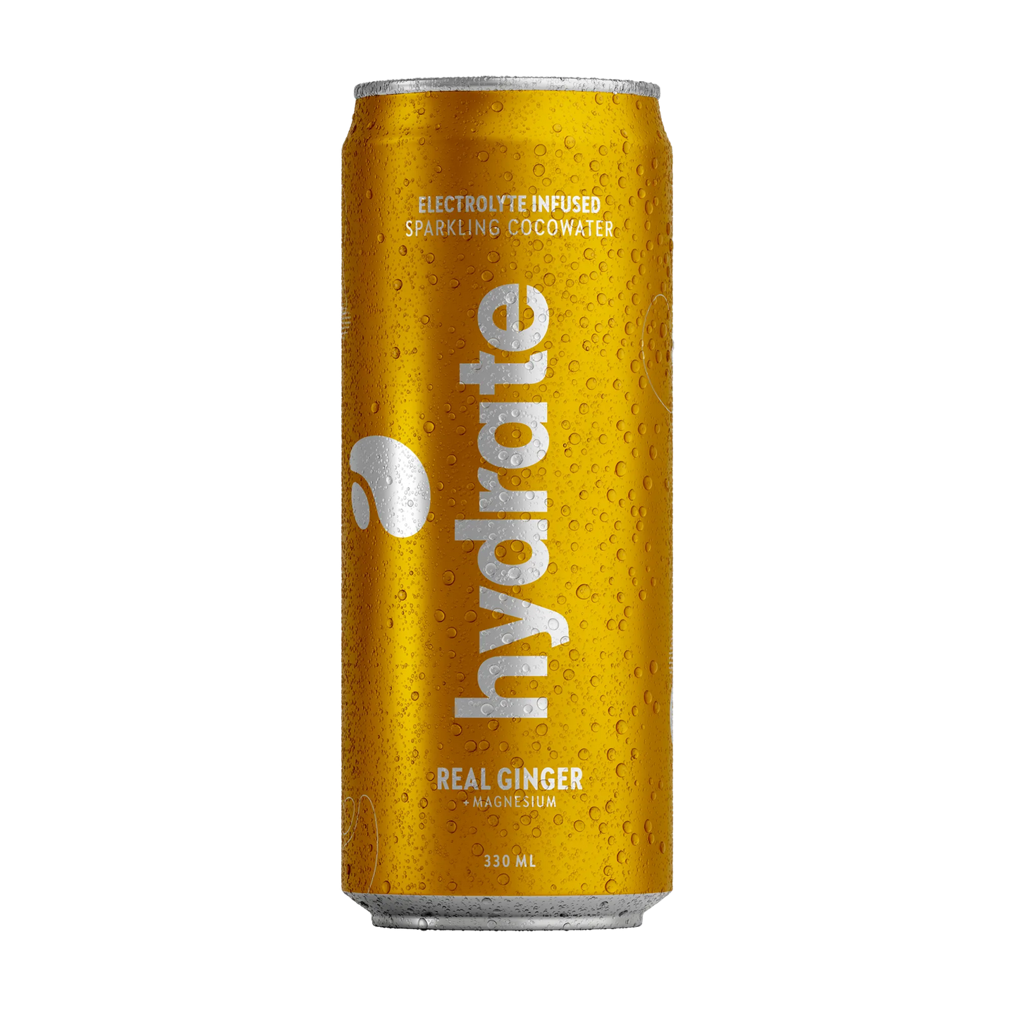 Hydrate 330 ml gnistrande kokosvatten i en gul burk täckt med kondensdroppar för smaken Real Ginger., bild 2 av 3