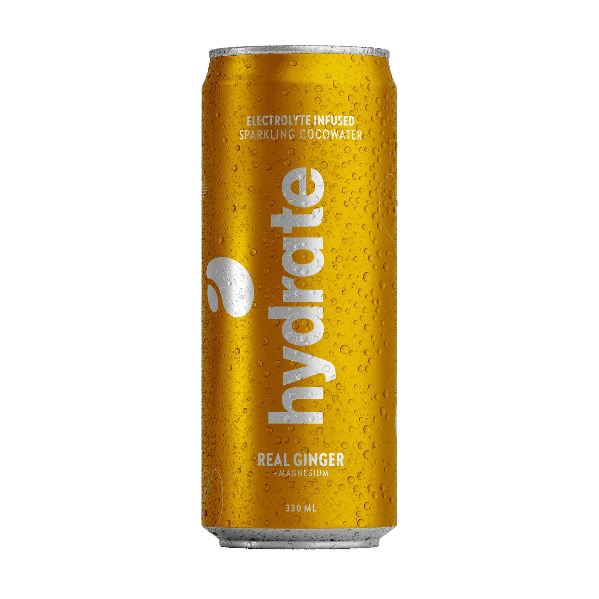 Hydrate 330 ml gnistrande kokosvatten i en gul burk täckt med kondensdroppar för smaken Real Ginger., bild 2 av 3