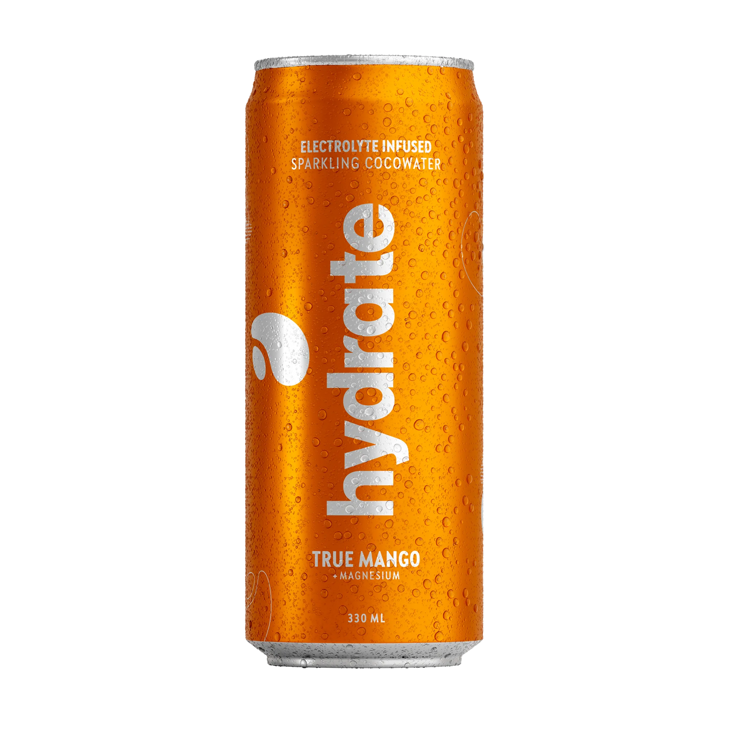 Hydrate 330 ml kokosvatten i en orange burk med vattendroppar och silvrig logotyp för smaken True Mango., bild 3 av 3