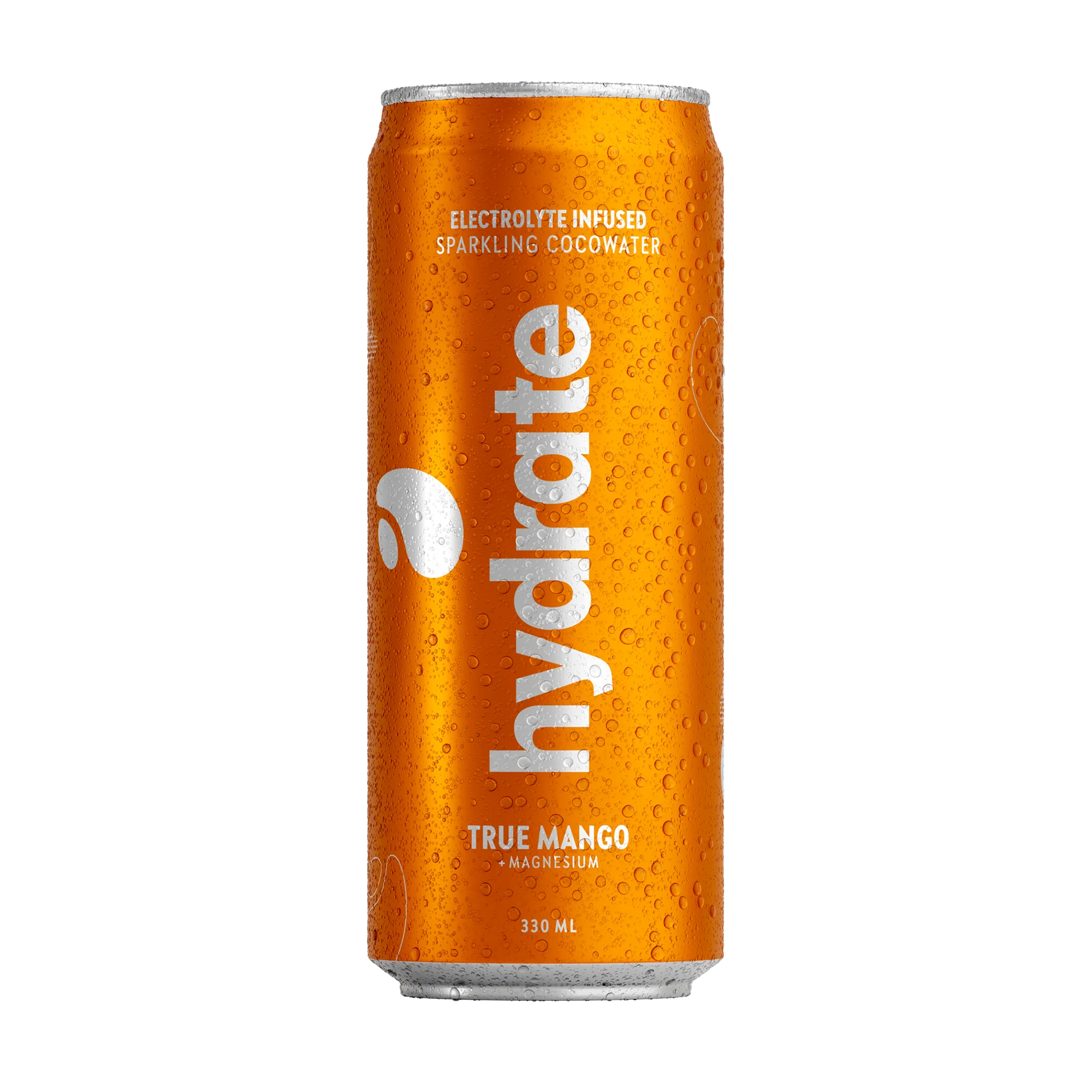 Hydrate 330 ml kokosvatten i en orange burk med vattendroppar och silvrig logotyp för smaken True Mango., bild 3 av 3
