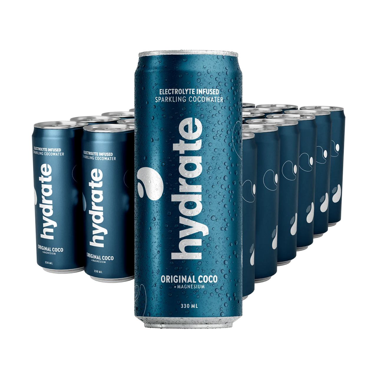 24 x Hydrate 330 ml Original Coco i mörkblå burkar med vit text, täckta av uppfriskande vattendroppar.