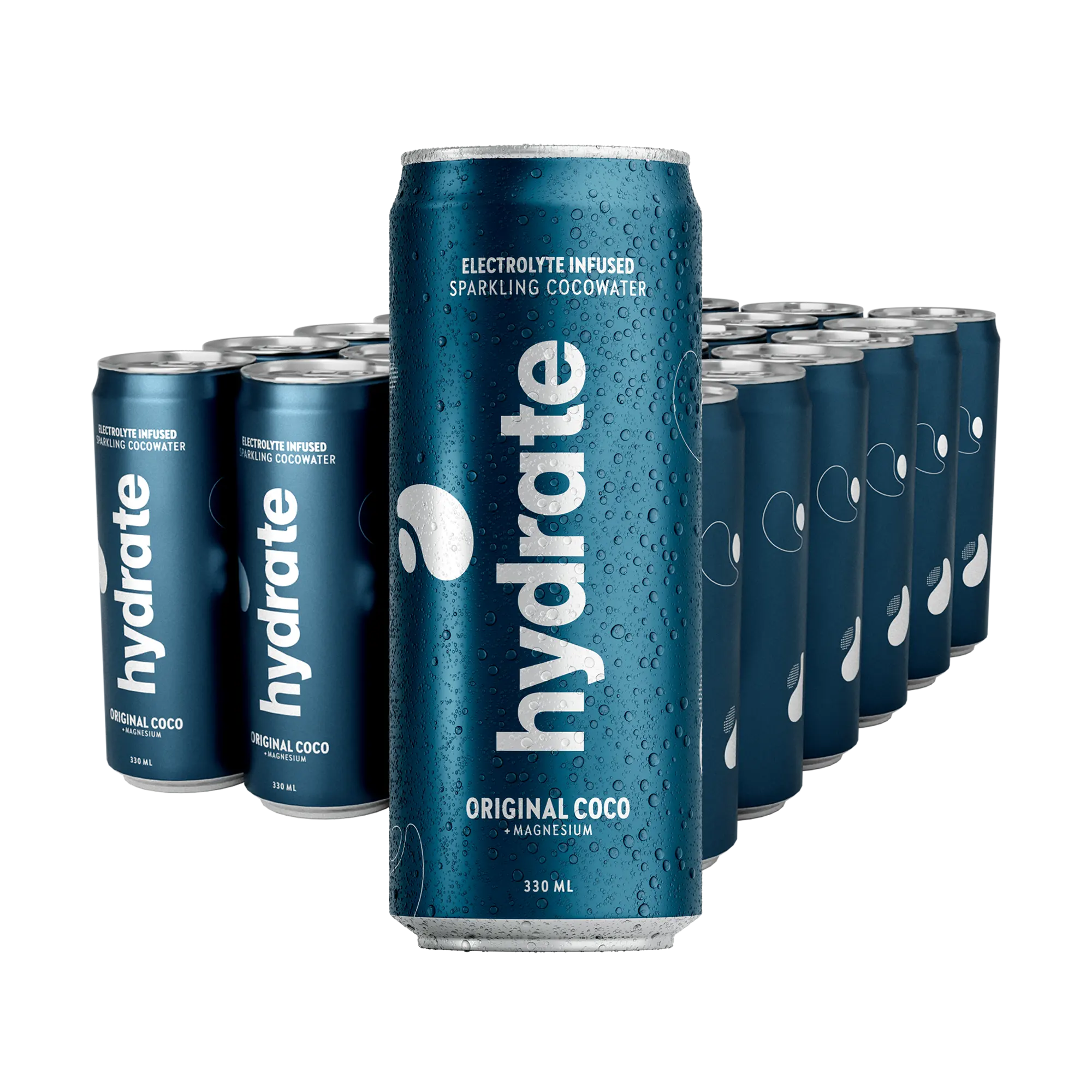 24 x Hydrate 330 ml Original Coco i mörkblå burkar med vit text, täckta av uppfriskande vattendroppar., bild 1 av 1