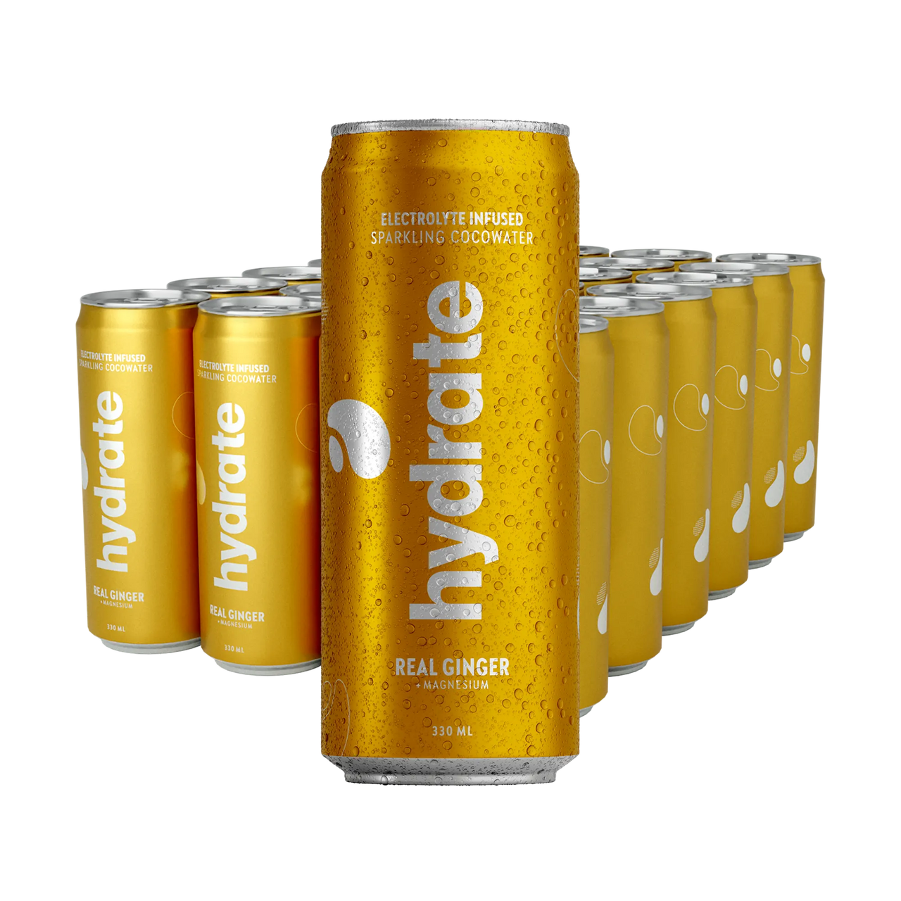 24 x Hydrate 330 ml Real Ginger i guldiga burkar med vit text för smaken ingefära.