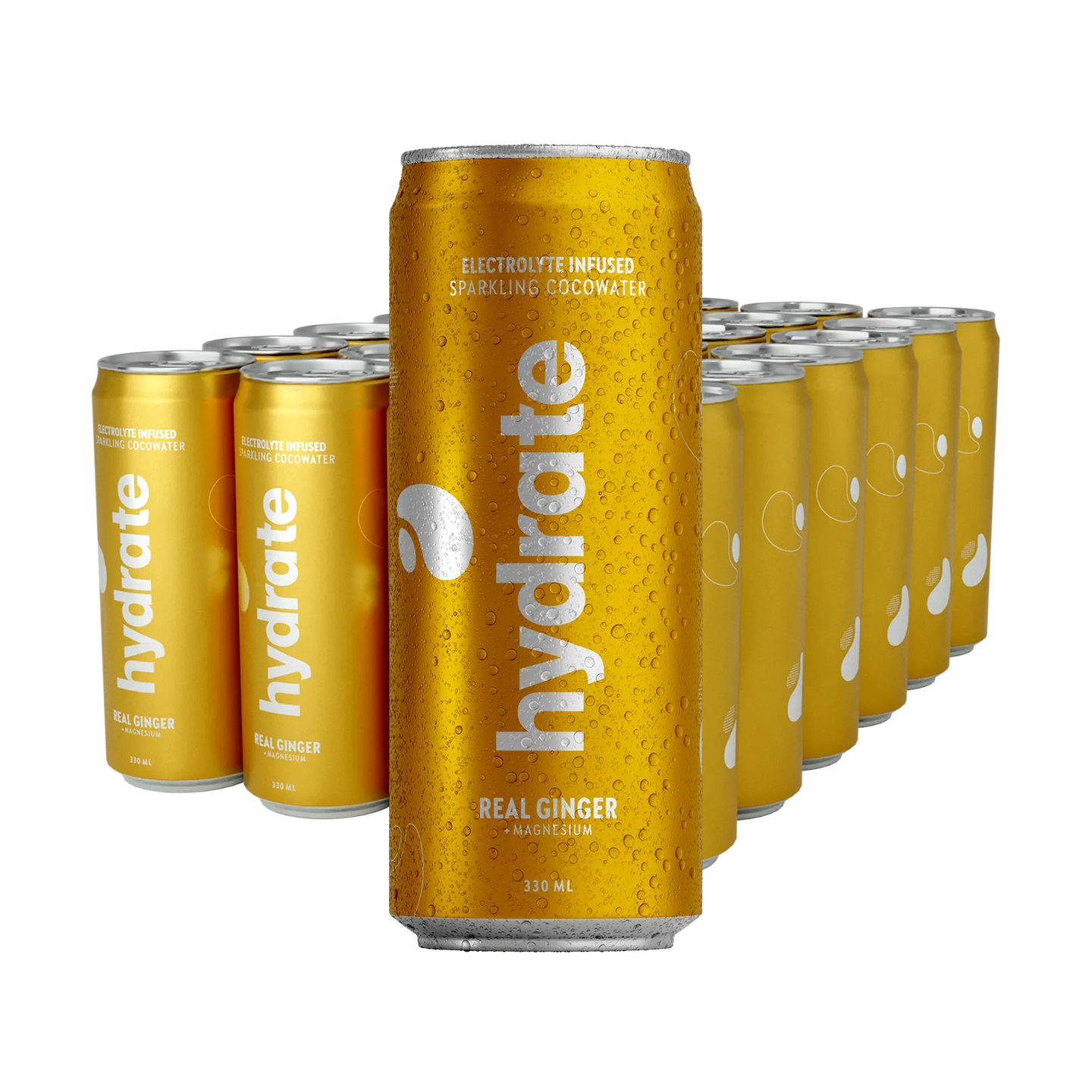24 x Hydrate 330 ml Real Ginger i guldiga burkar med vit text för smaken ingefära., bild 1 av 1