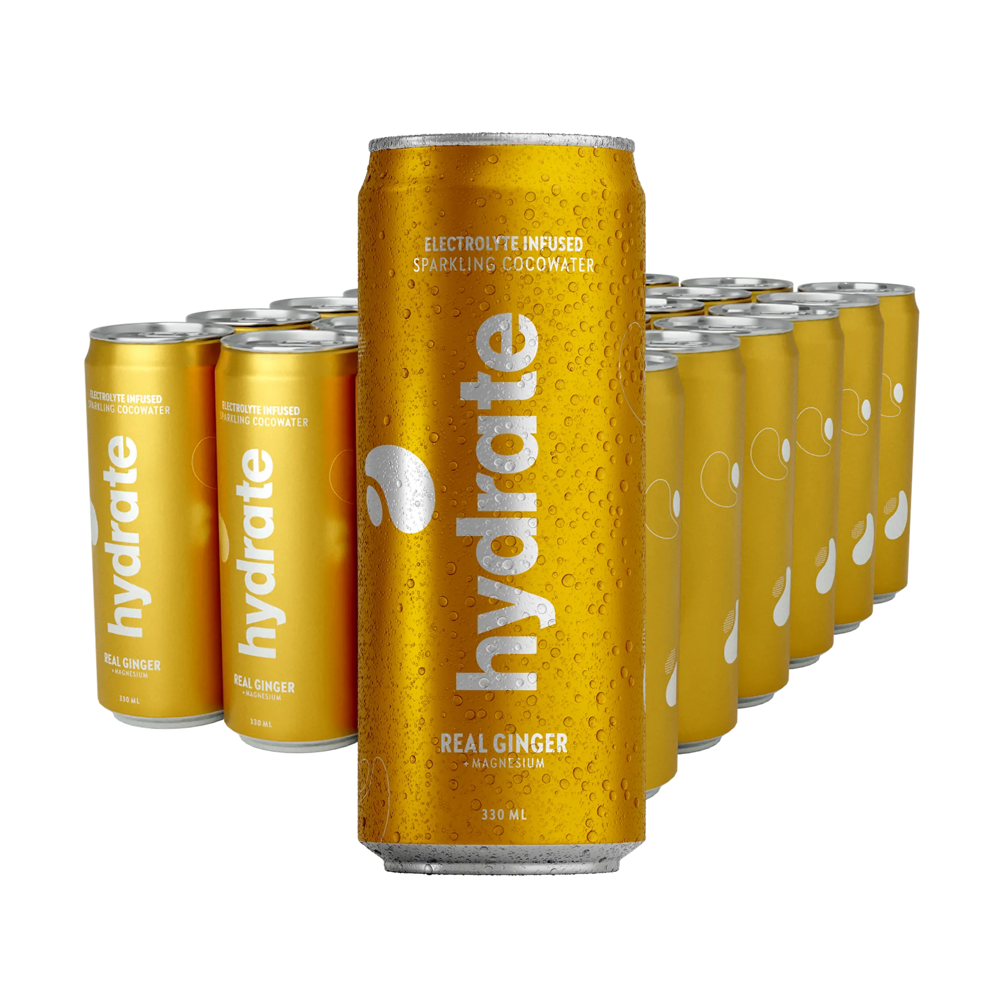 24 x Hydrate 330 ml Real Ginger i guldiga burkar med vit text för smaken ingefära., bild 1 av 1