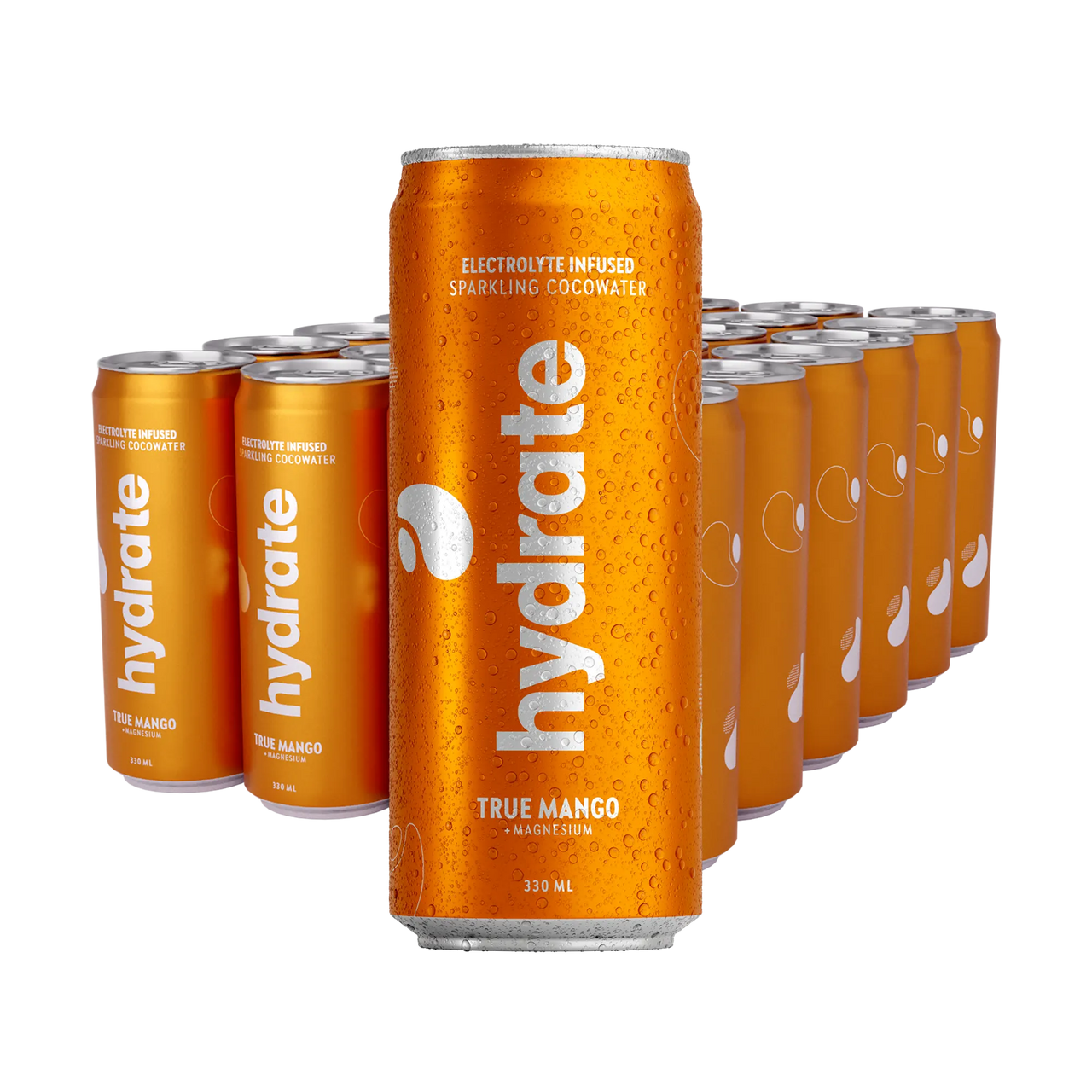 24 x Hydrate 330 ml True Mango i ett flak med orangea burkar täckta av kondens och silvrig text.