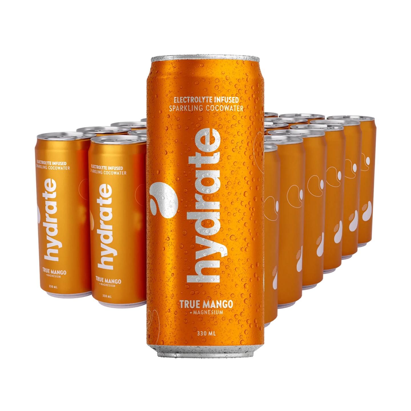24 x Hydrate 330 ml True Mango i ett flak med orangea burkar täckta av kondens och silvrig text., bild 1 av 1